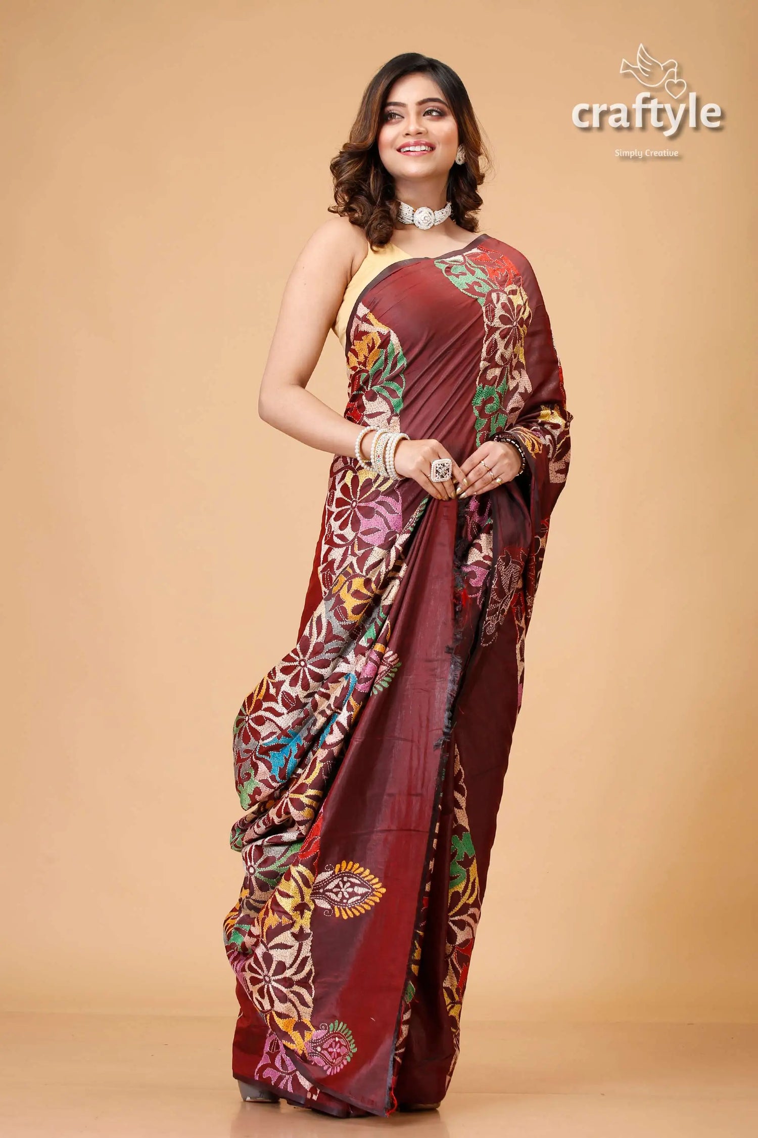 Wine berry floral silk kantha work saree reverse stitch burgundy floral patterned saree 4