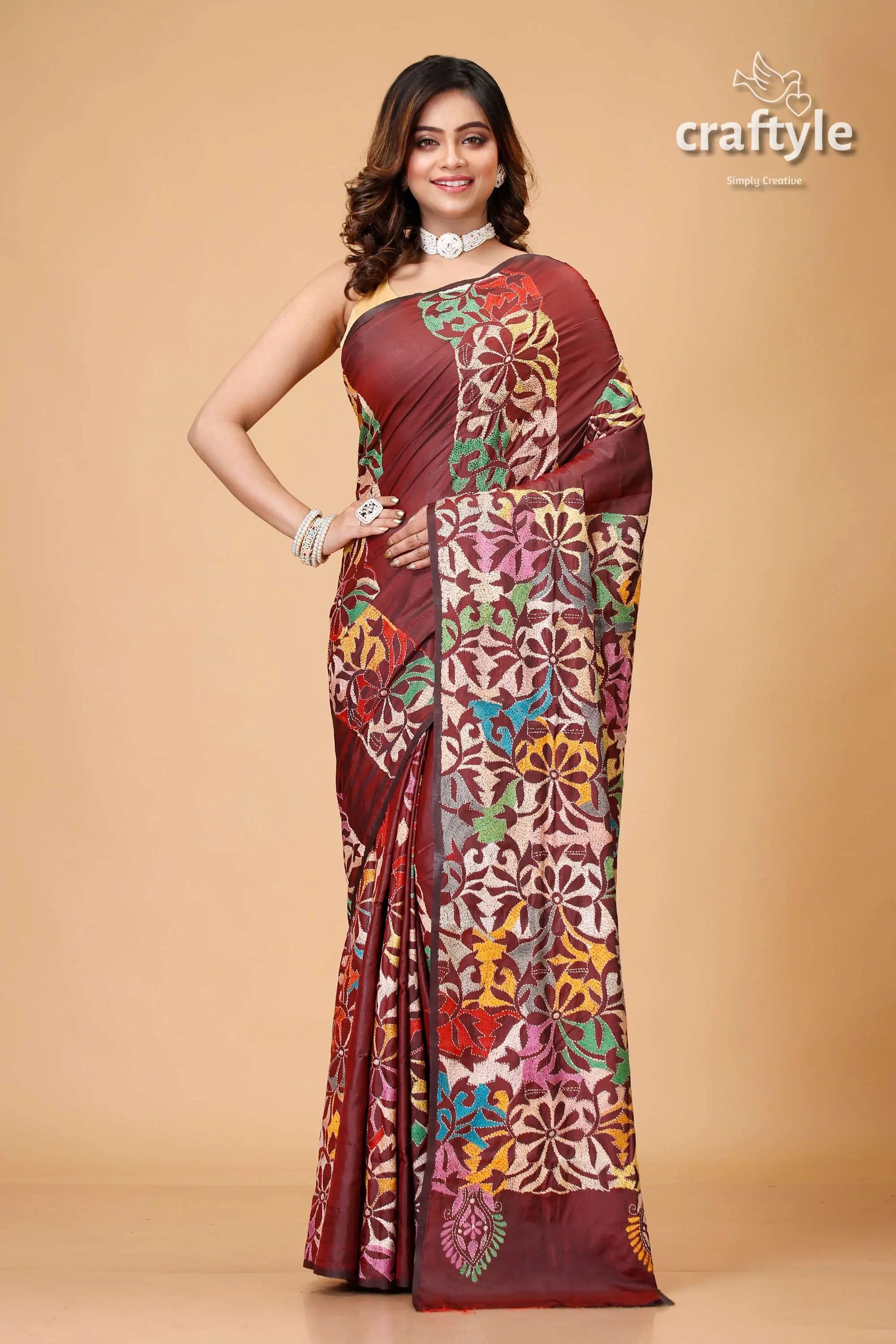 Wine berry floral silk kantha work saree - reverse stitch maroon floral-patterned saree 1
