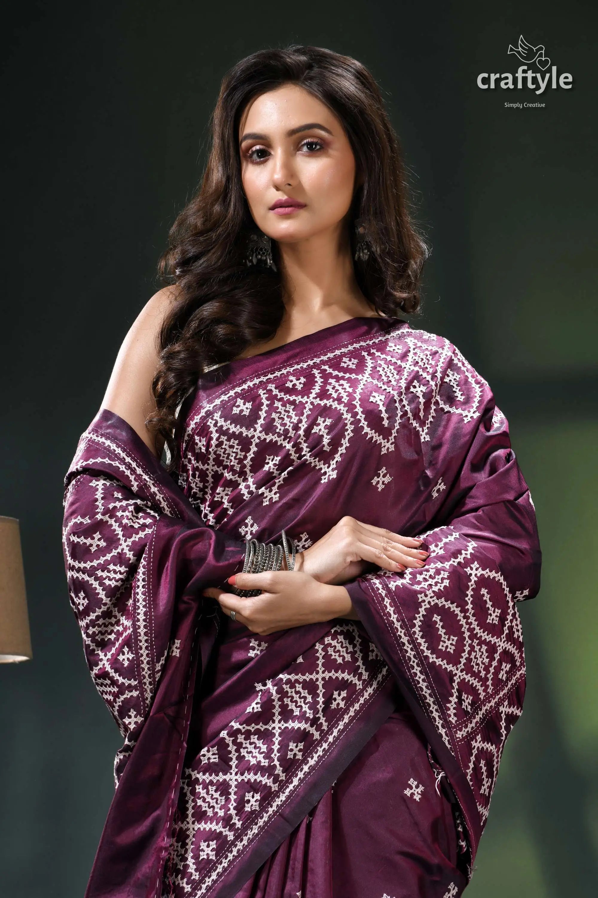 Wine berry hand embroidered kutchi work silk saree purple bandhani saree white geometric 2