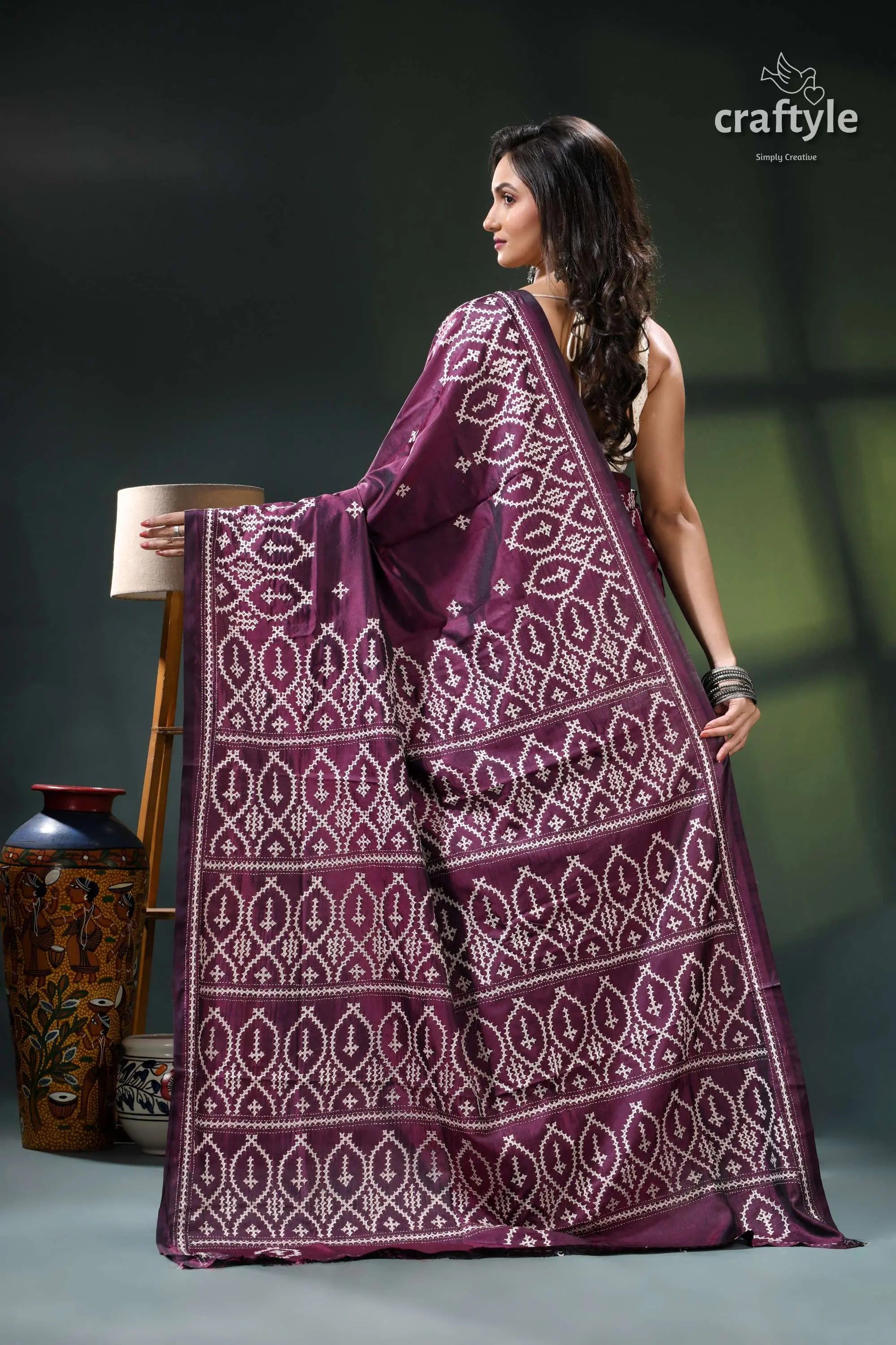 Wine berry hand embroidered kutchi work silk saree purple white patterned saree intricate 5