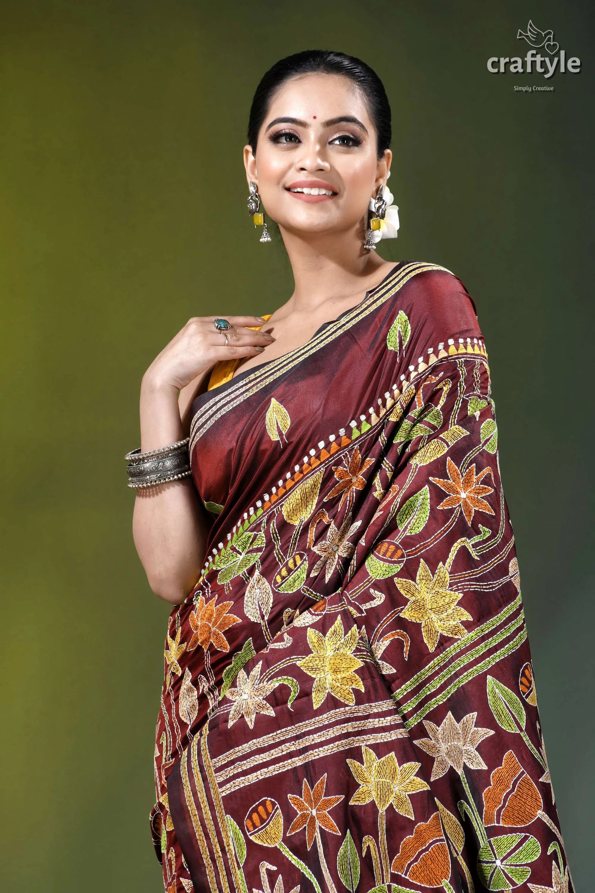 Wine berry lotus design hand kantha embroidery silk saree maroon silk saree adorned intricate 2