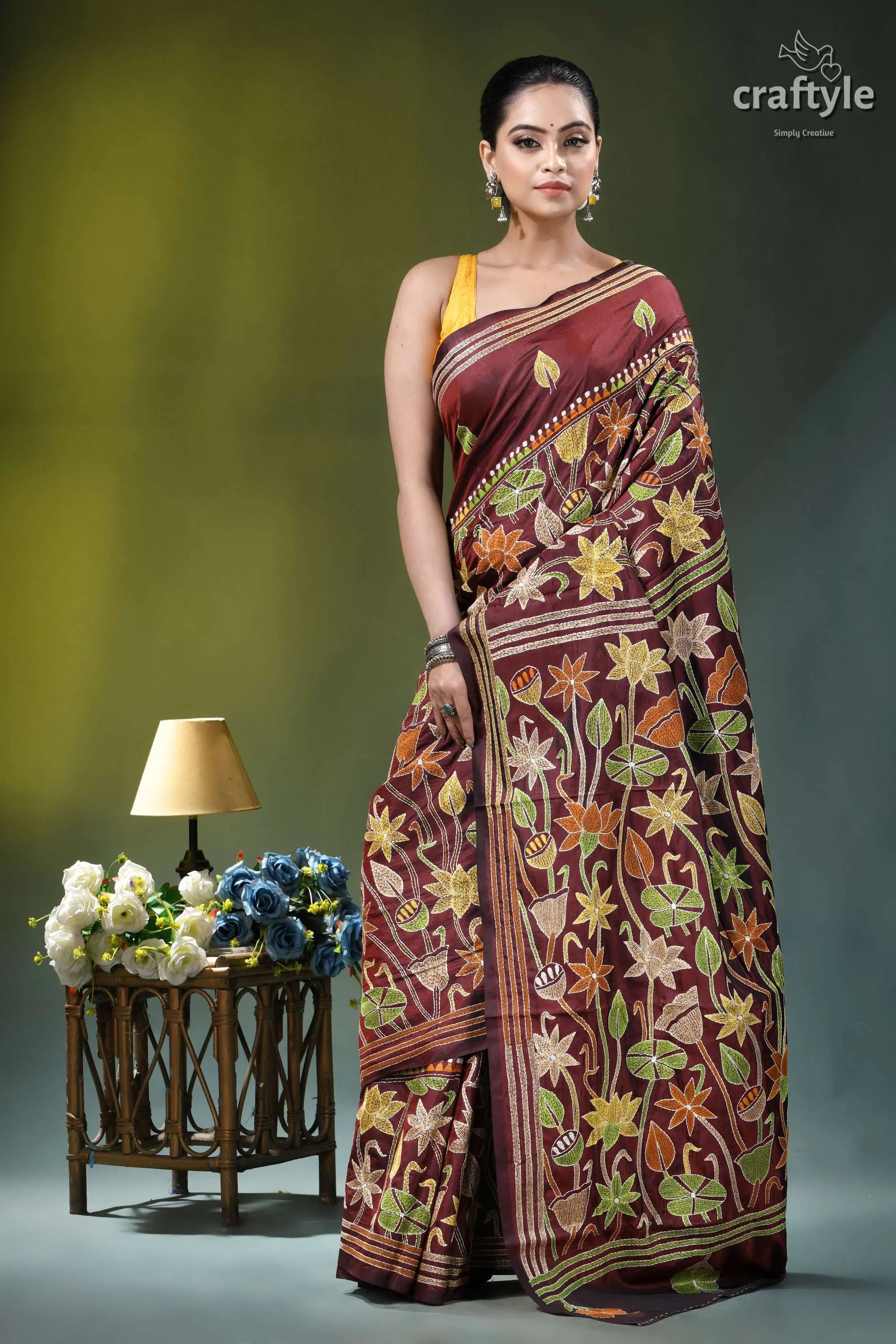 Wine berry lotus design hand kantha embroidery silk saree maroon silk saree adorned intricate 4