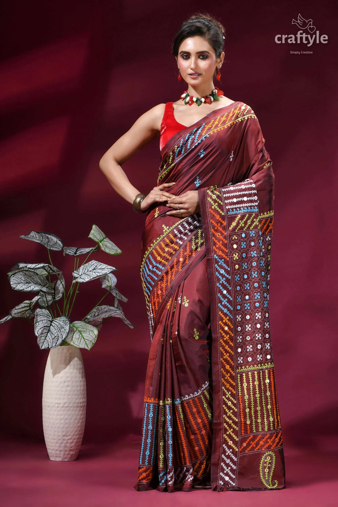 Wine berry multi-thread hand kutch embroidery silk saree - mirror detailing maroon silk saree intricate geometric 1
