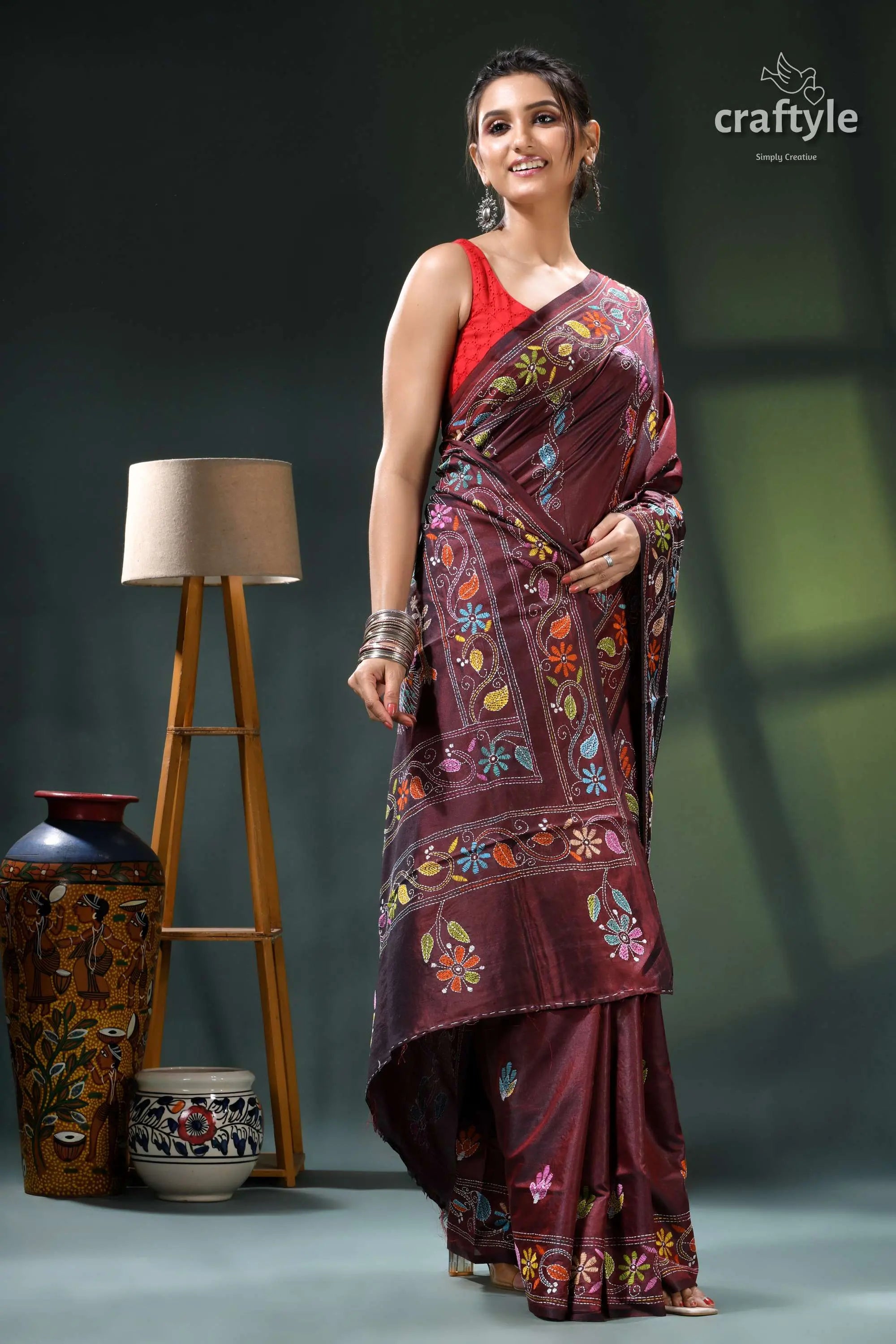 Wine berry peacock motif elegant silk kantha stitch saree maroon saree intricate floral embroidery 4