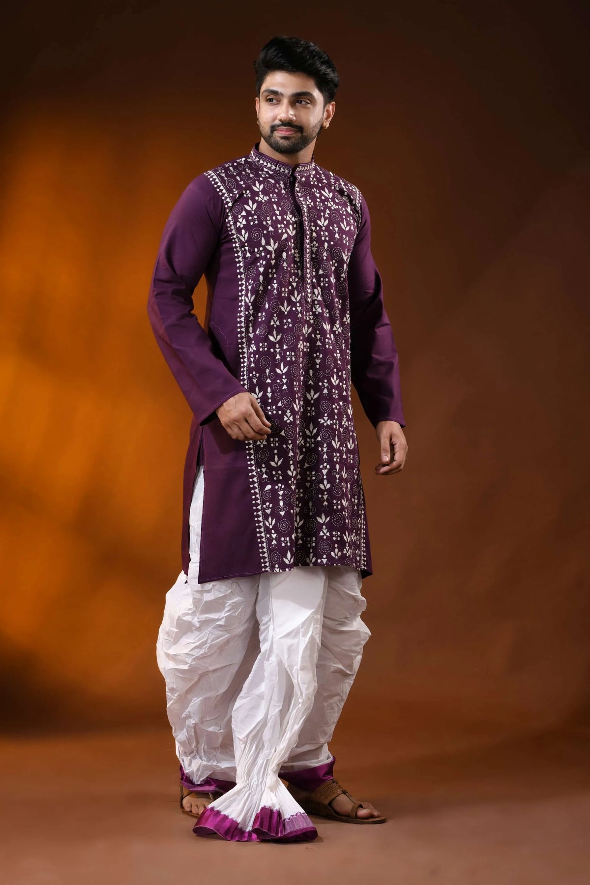 Wine berry pure cotton kantha work panjabi for men with folk warli design 4