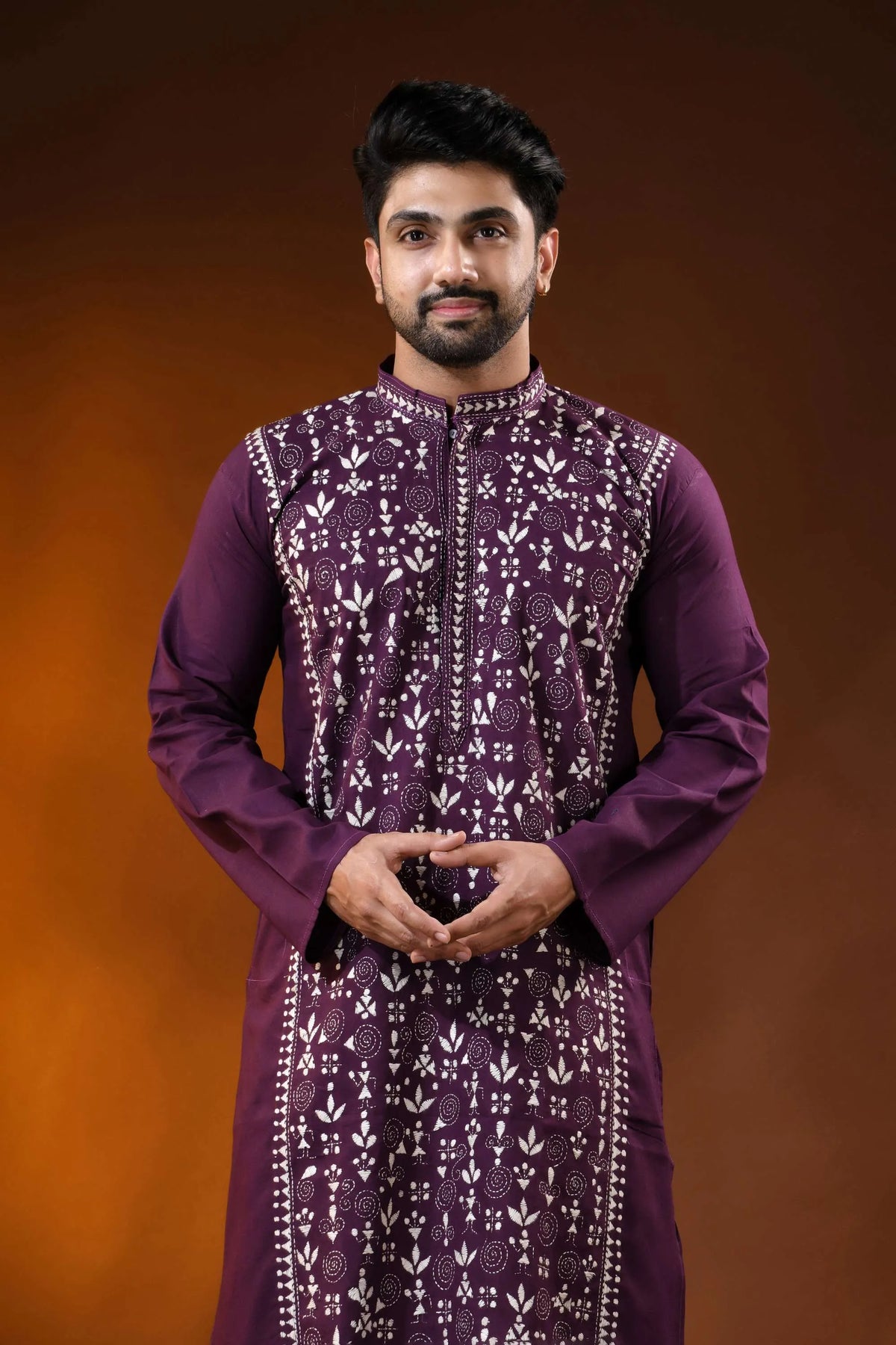 Wine berry pure cotton kantha work panjabi for men with folk warli design 2