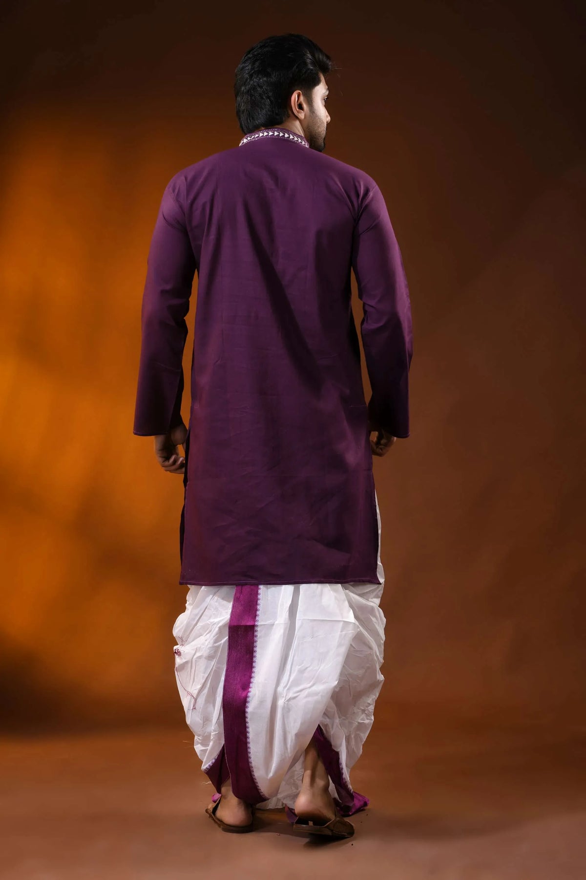 Wine berry pure cotton kantha work panjabi for men with folk warli design 5
