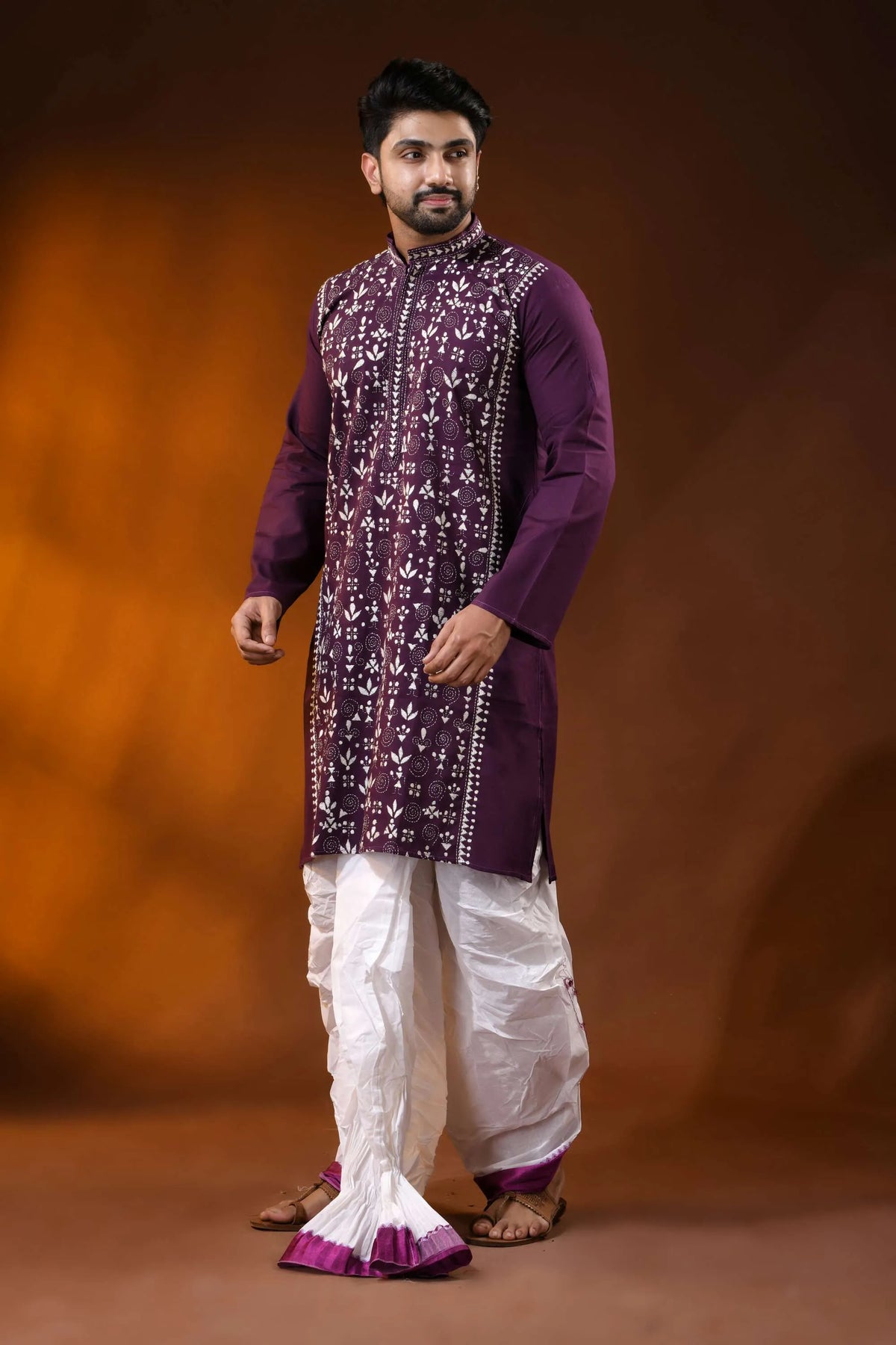 Wine berry pure cotton kantha work panjabi for men with folk warli design 7