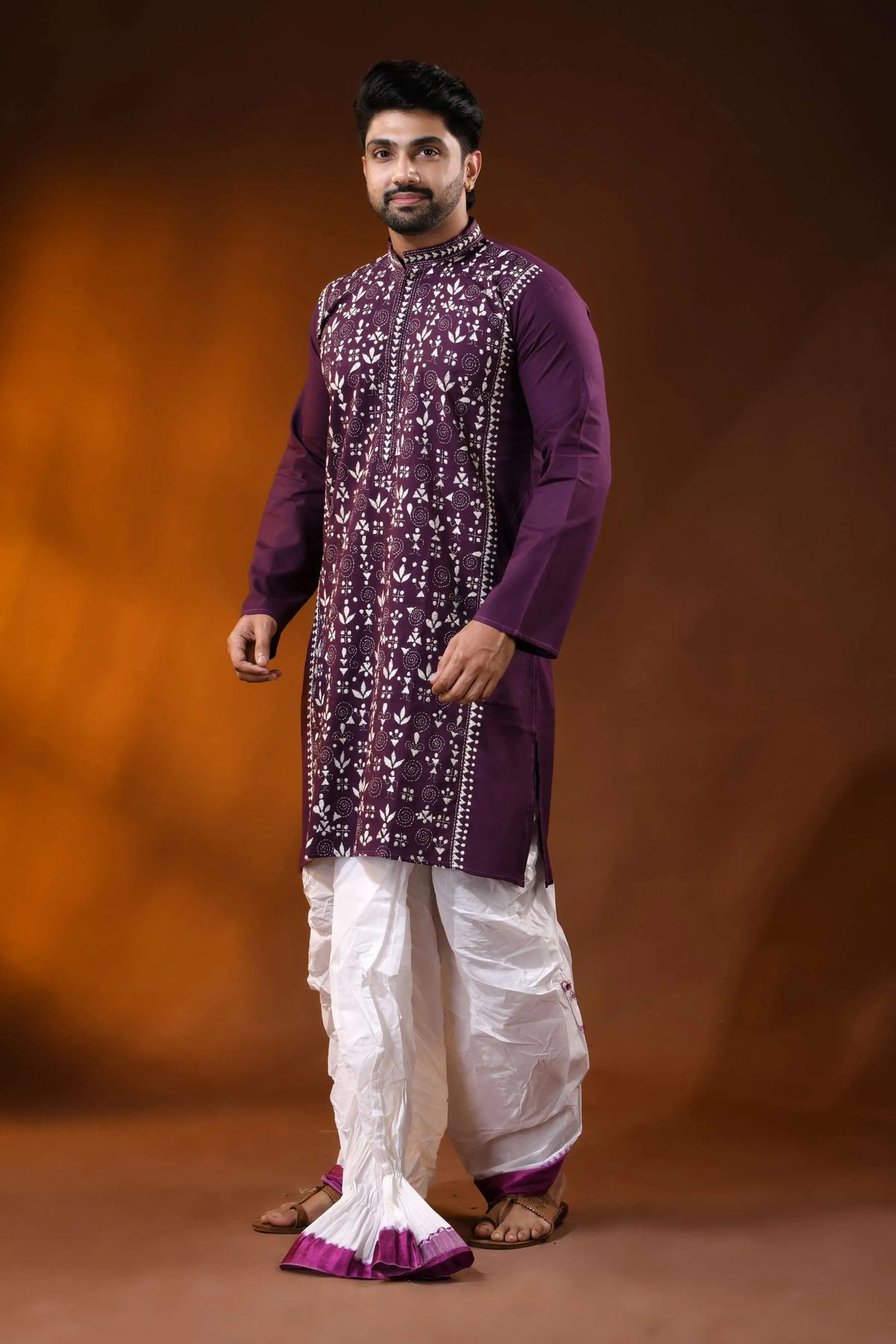 Wine berry pure cotton kantha work panjabi for men with folk warli design 3