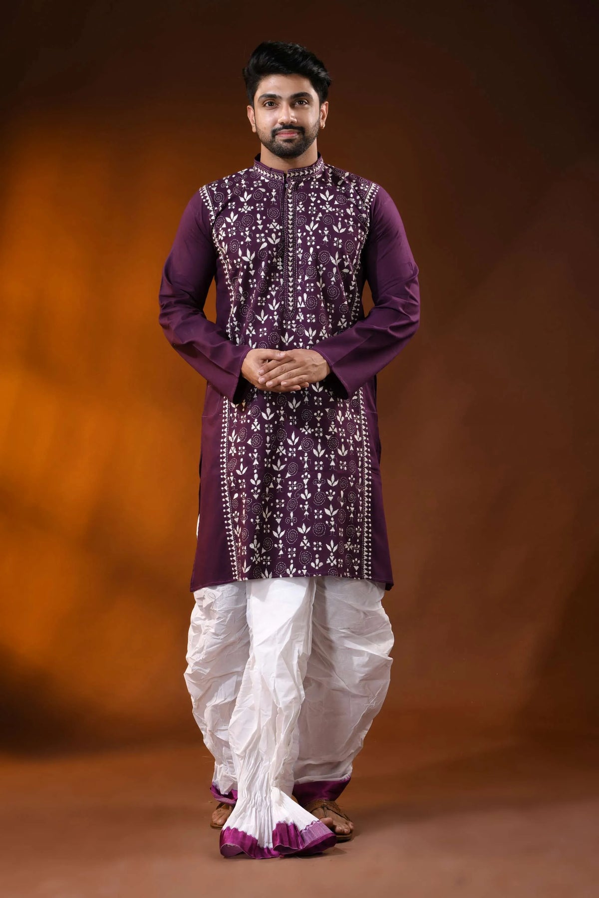 Wine berry pure cotton kantha work panjabi for men with folk warli design 6