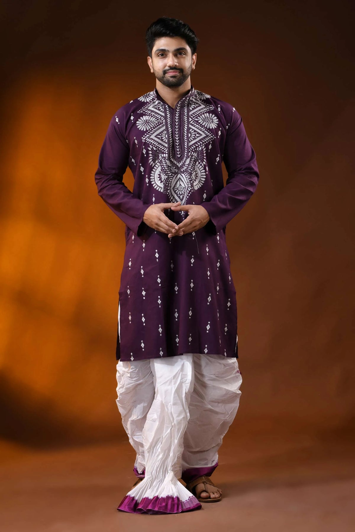 Wine berry pure cotton punjabi for men with geometric floral kantha work 7