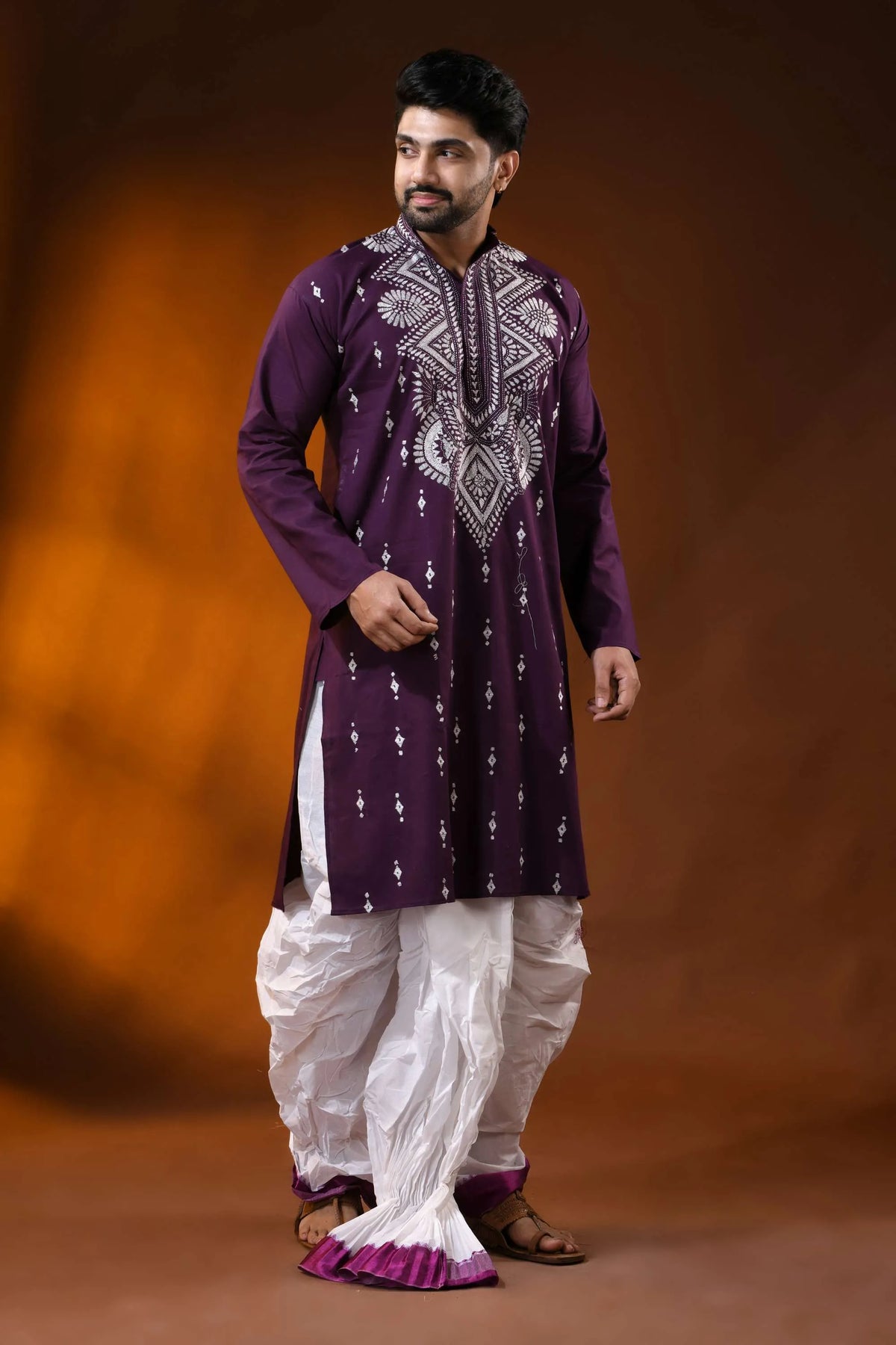 Wine berry pure cotton punjabi for men with geometric floral kantha work 5