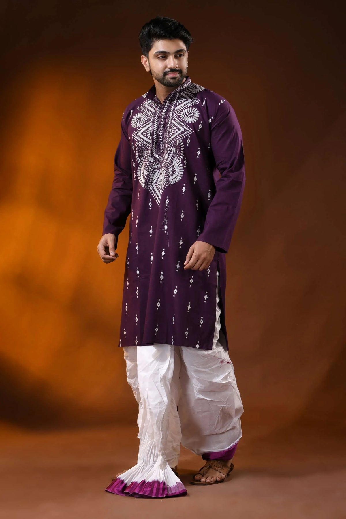 Wine berry pure cotton punjabi for men with geometric floral kantha work 3
