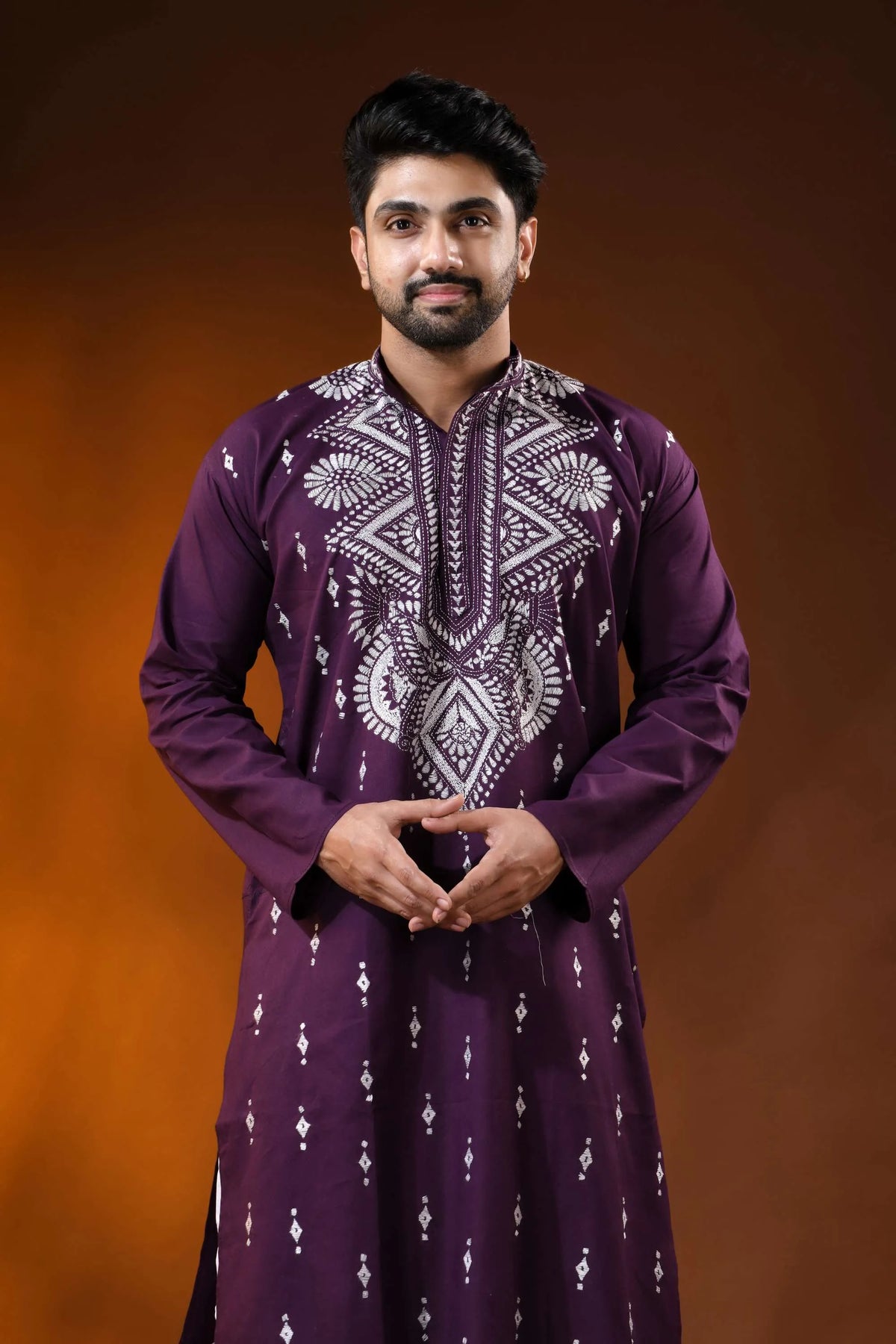 Wine berry pure cotton punjabi for men with geometric floral kantha work 2
