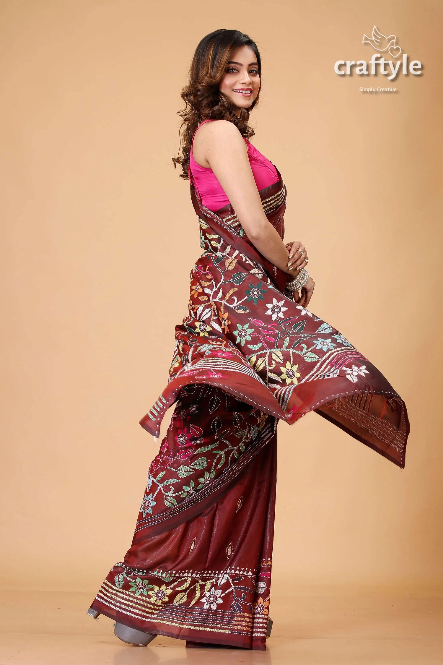 Wine brown multithread floral kantha stitch saree maroon floral saree 4