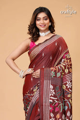 Wine brown multithread floral kantha stitch saree maroon saree floral embroidery 2