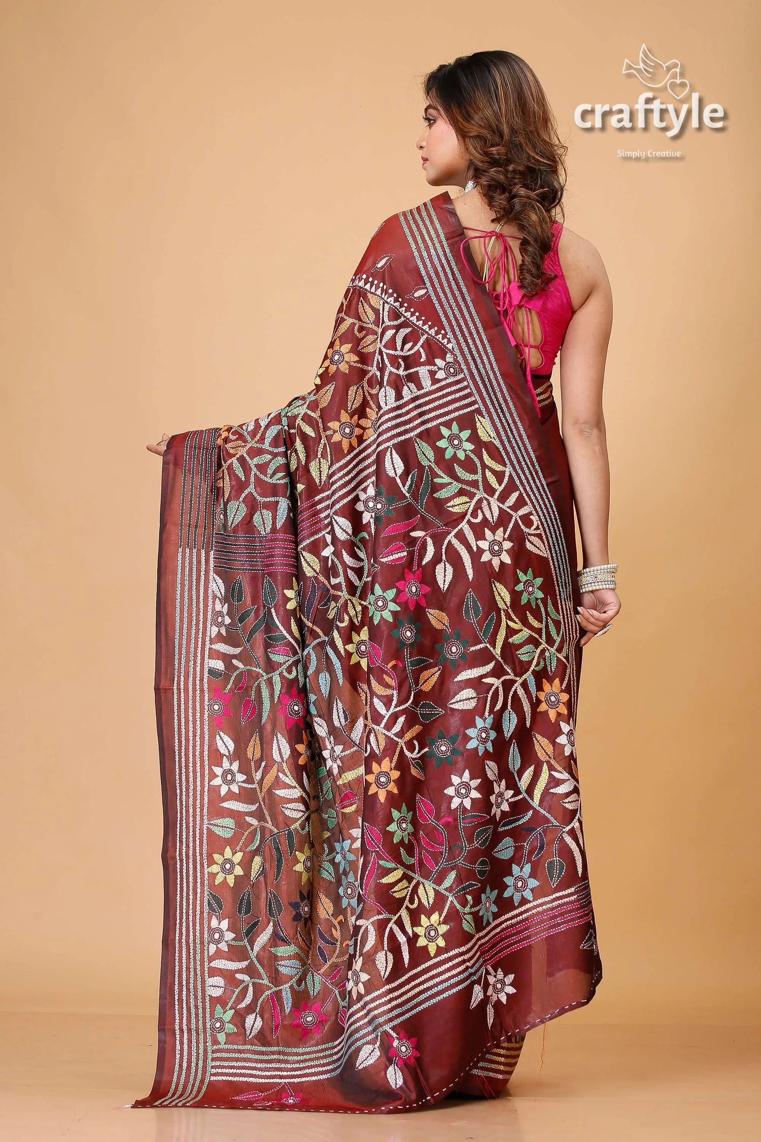 Wine brown multithread floral kantha stitch saree maroon floral embroidered saree 5