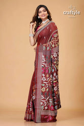 Wine brown multithread floral kantha stitch saree maroon floral embroidered saree 3