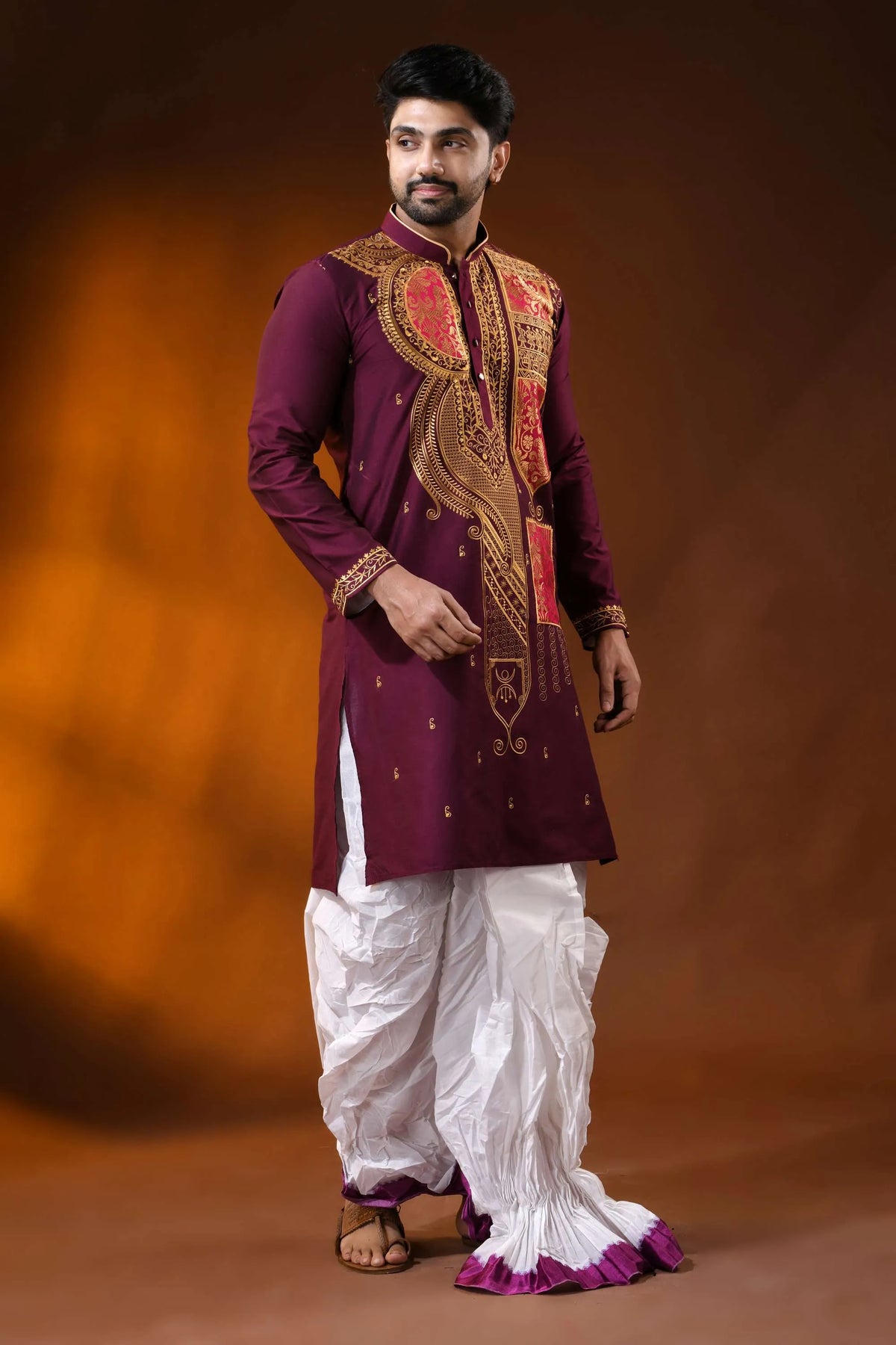 Wine cotton silk embroidery punjabi for men with - paisley ethnic design 4