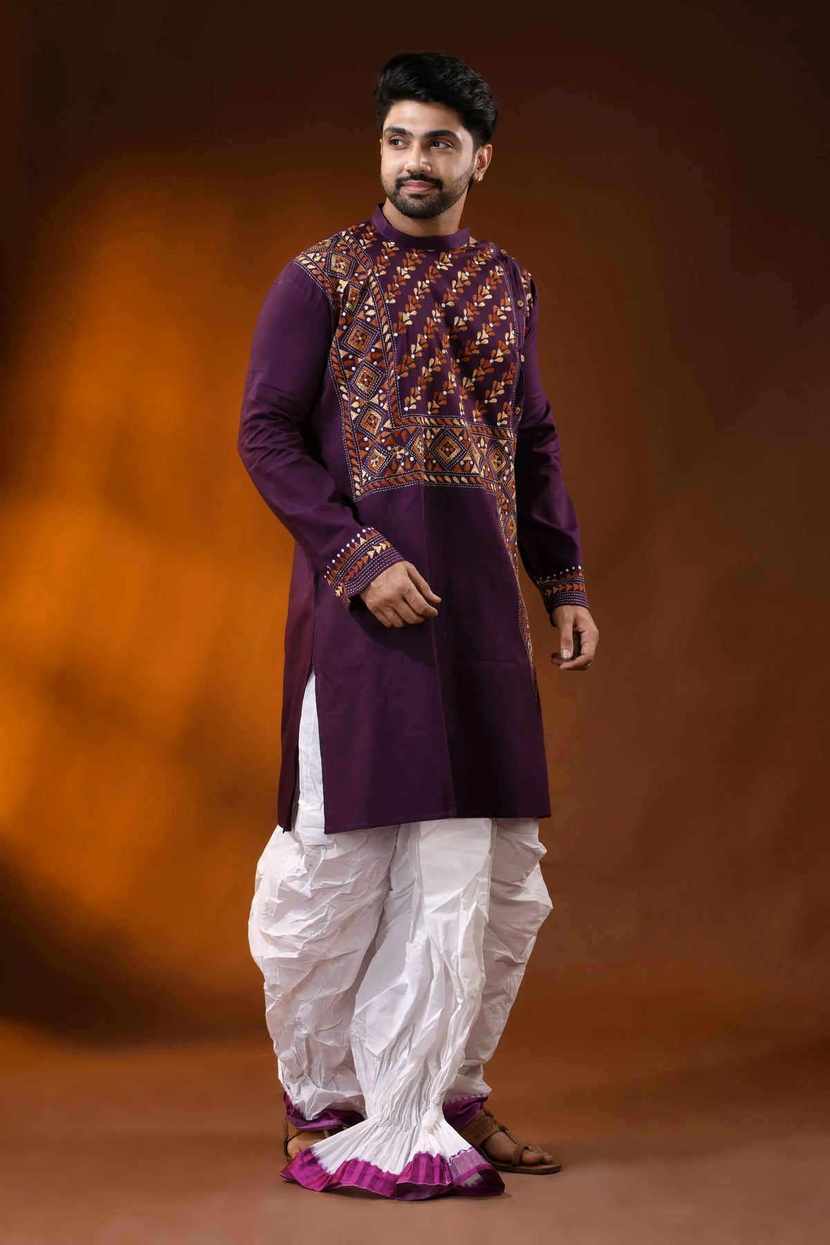 Wine designer cotton panjabi for men with leaf geometric kantha work 4