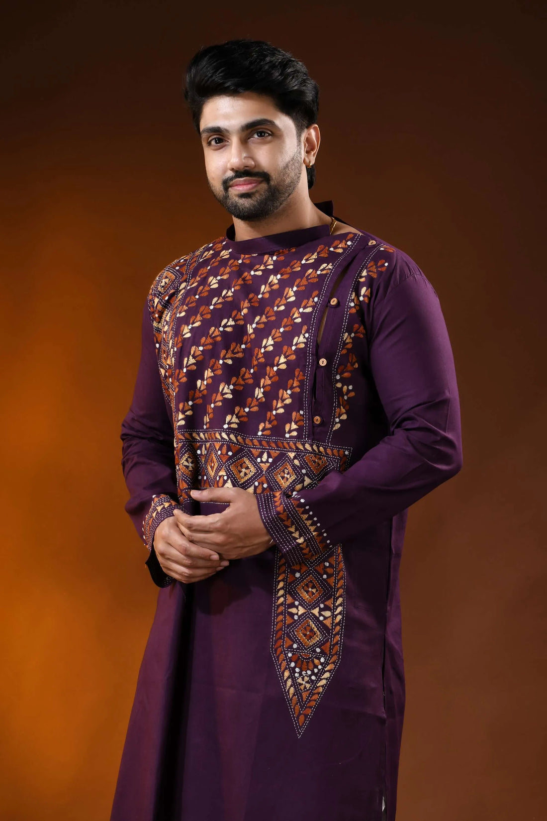 Wine designer cotton panjabi for men with leaf geometric kantha work 2