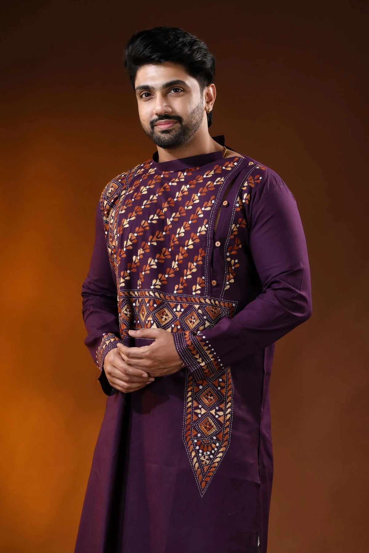 Wine designer cotton panjabi for men with leaf geometric kantha work 2