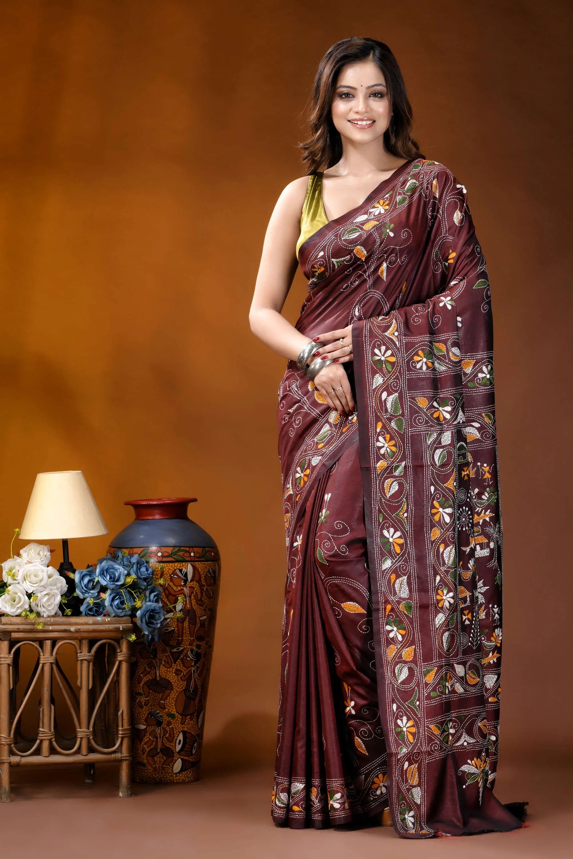 Wine ethnic village design handcrafted kantha embroidery silk saree maroon silk saree intricate floral 1
