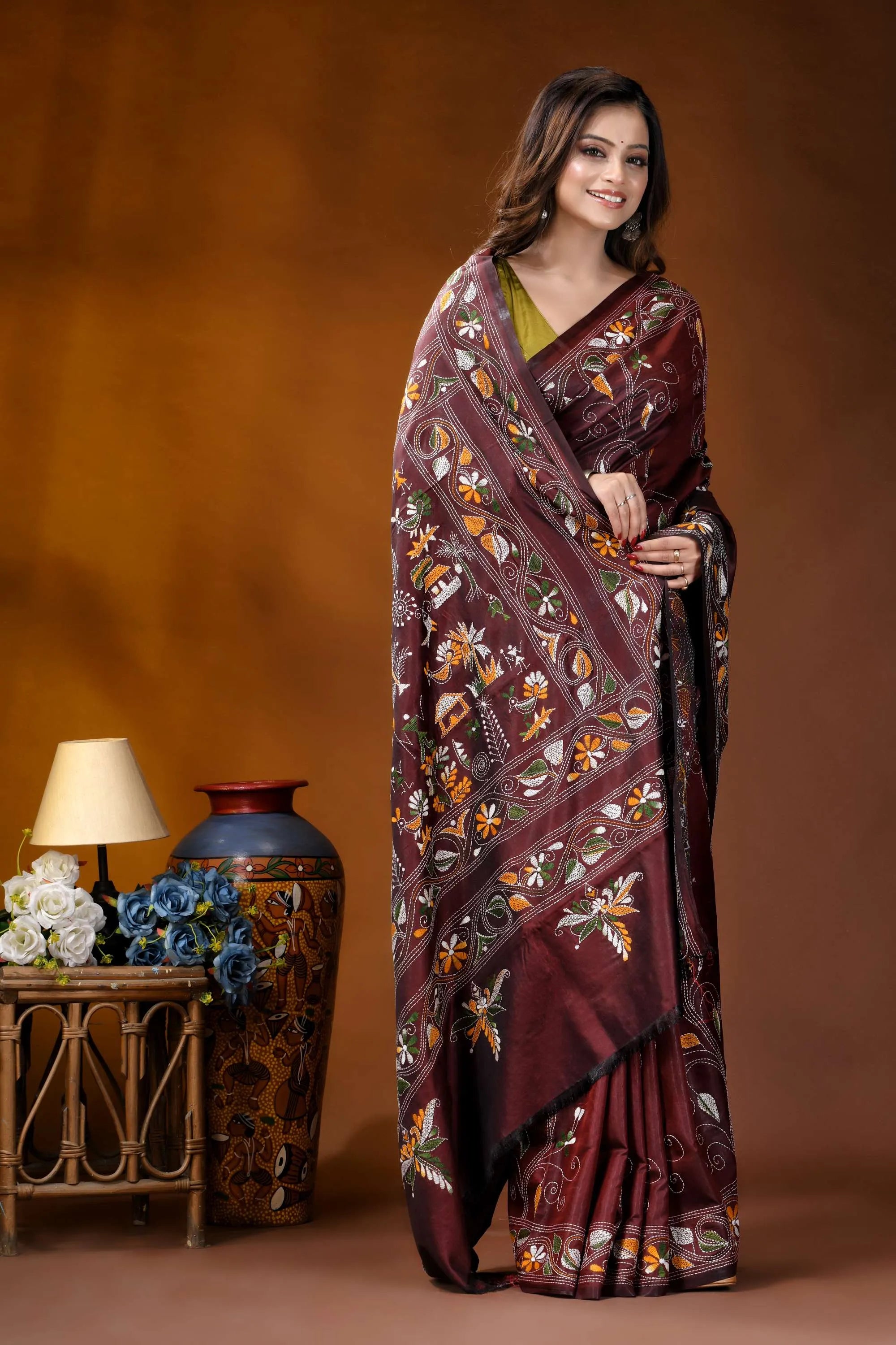 Wine ethnic village design handcrafted kantha embroidery silk saree maroon silk saree intricate floral 7