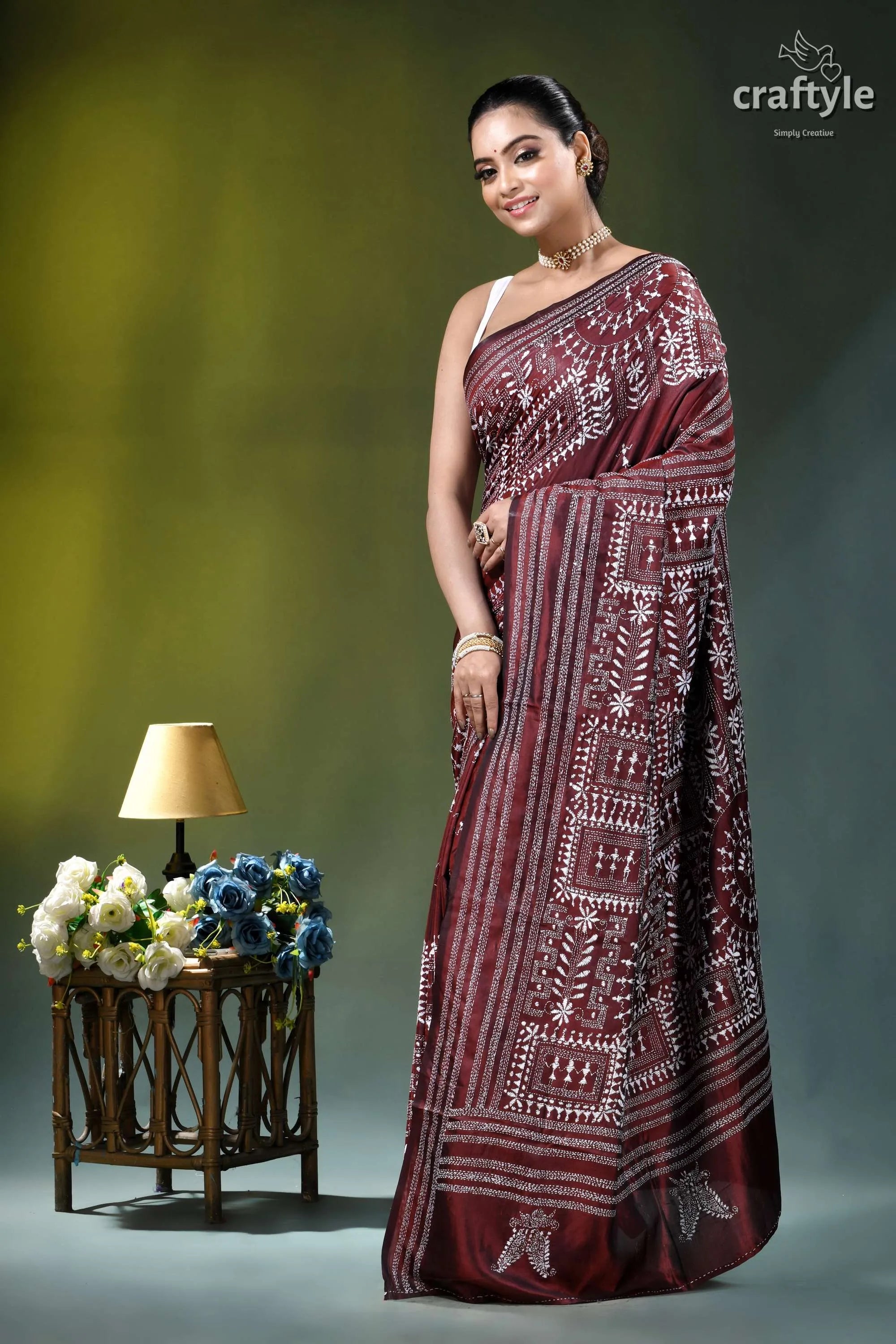 Wine hand embroidered kantha silk saree - white thread warli design maroon silk saree intricate white 3