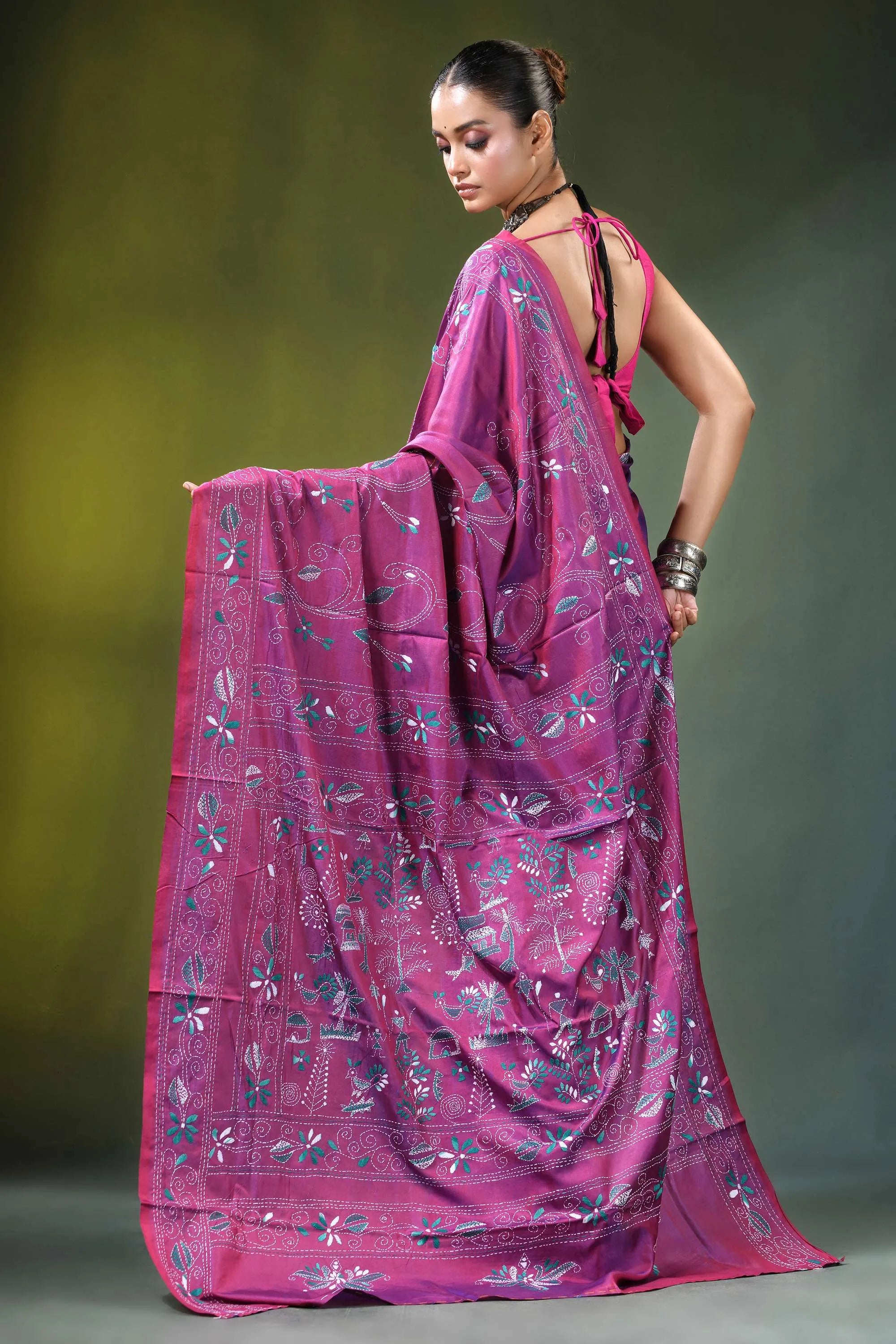 Wine hand embroidered nature theme silk kantha stitch saree vibrant magenta intricate blue 5