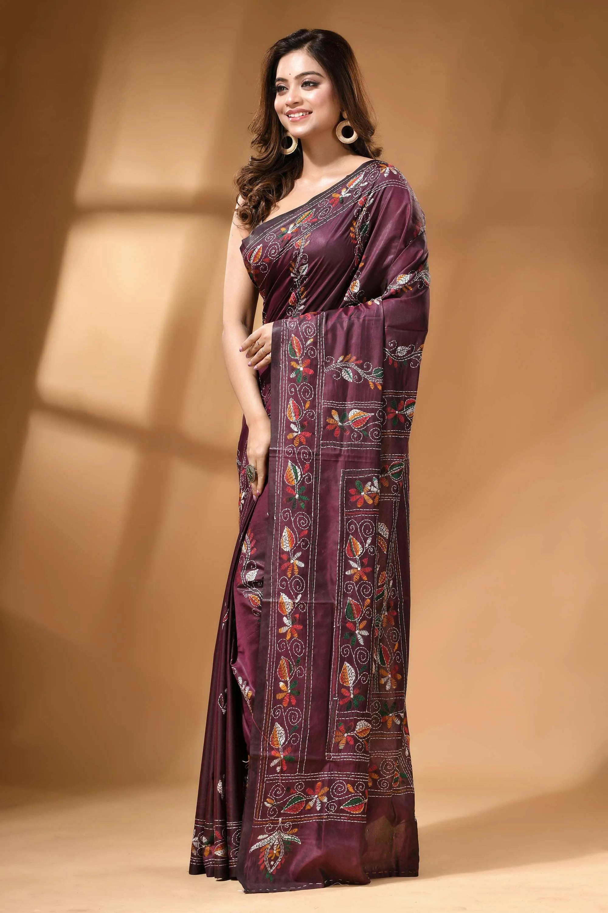 Wine multi-thread floral design handcrafted kantha silk saree rich maroon silk saree adorned 3