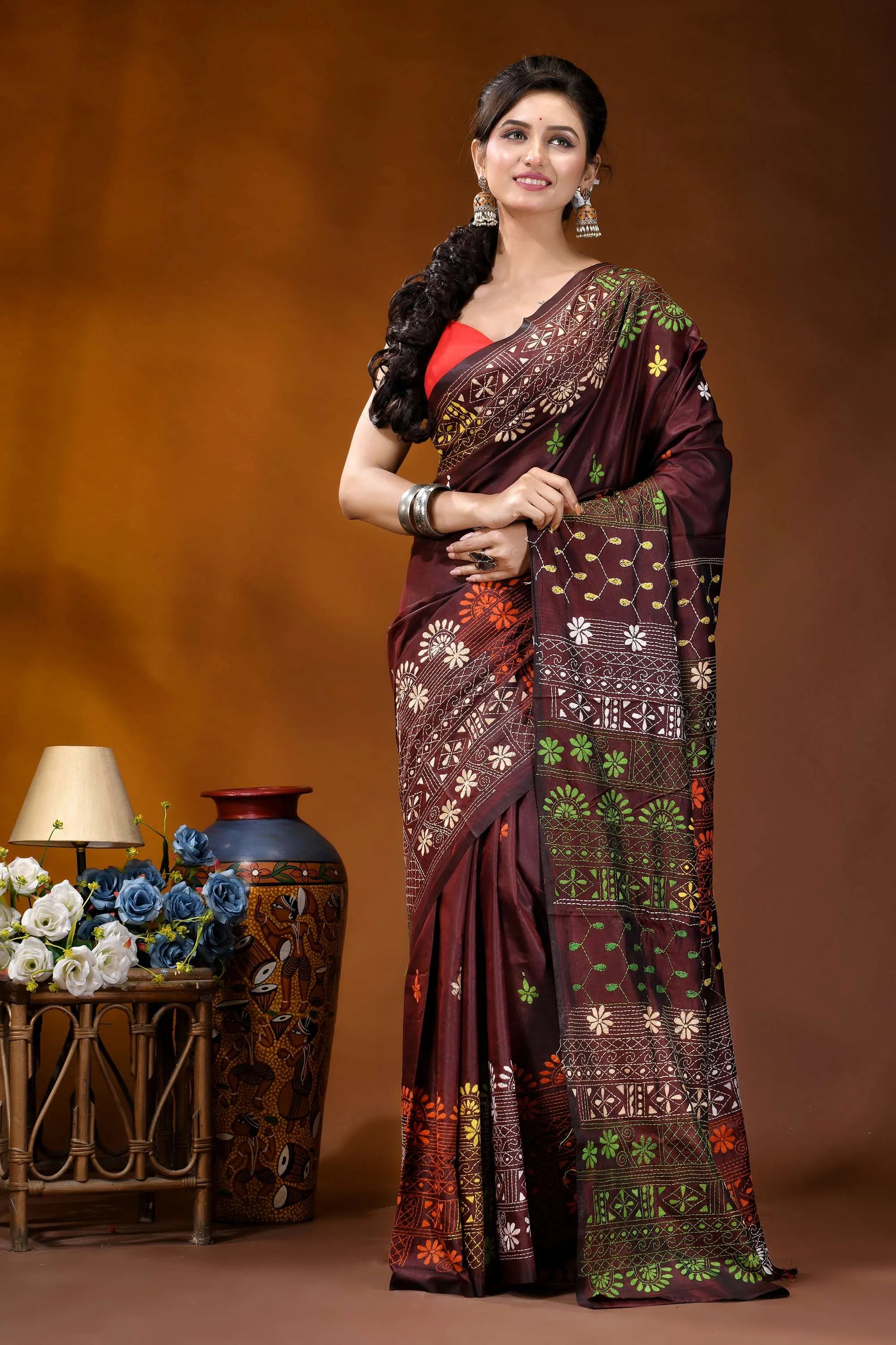 Wine multi-thread floral motif hand embroidered lambani silk saree maroon silk saree intricate floral 7