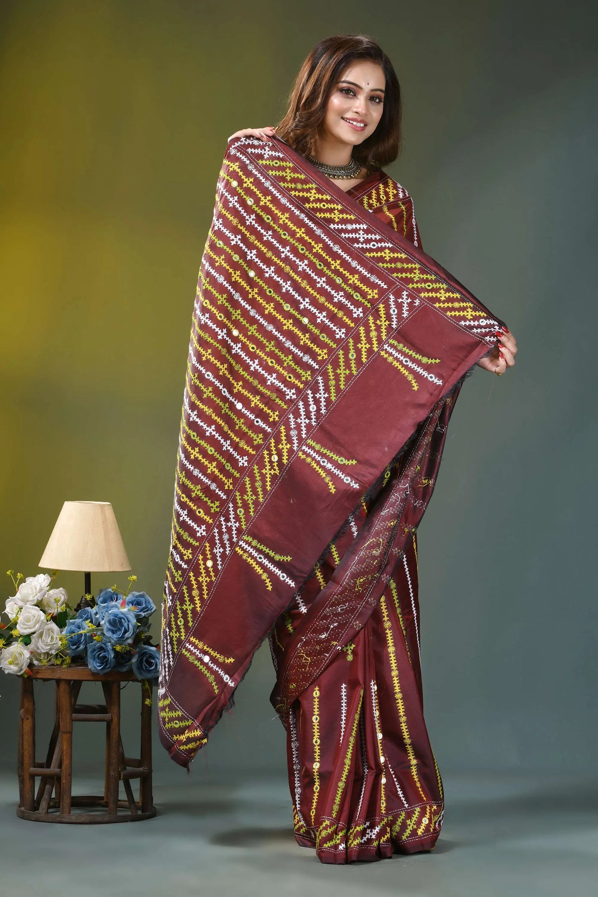 Wine multicolor thread kutch embroidery silk saree - mirror work maroon silk saree intricate gold 7