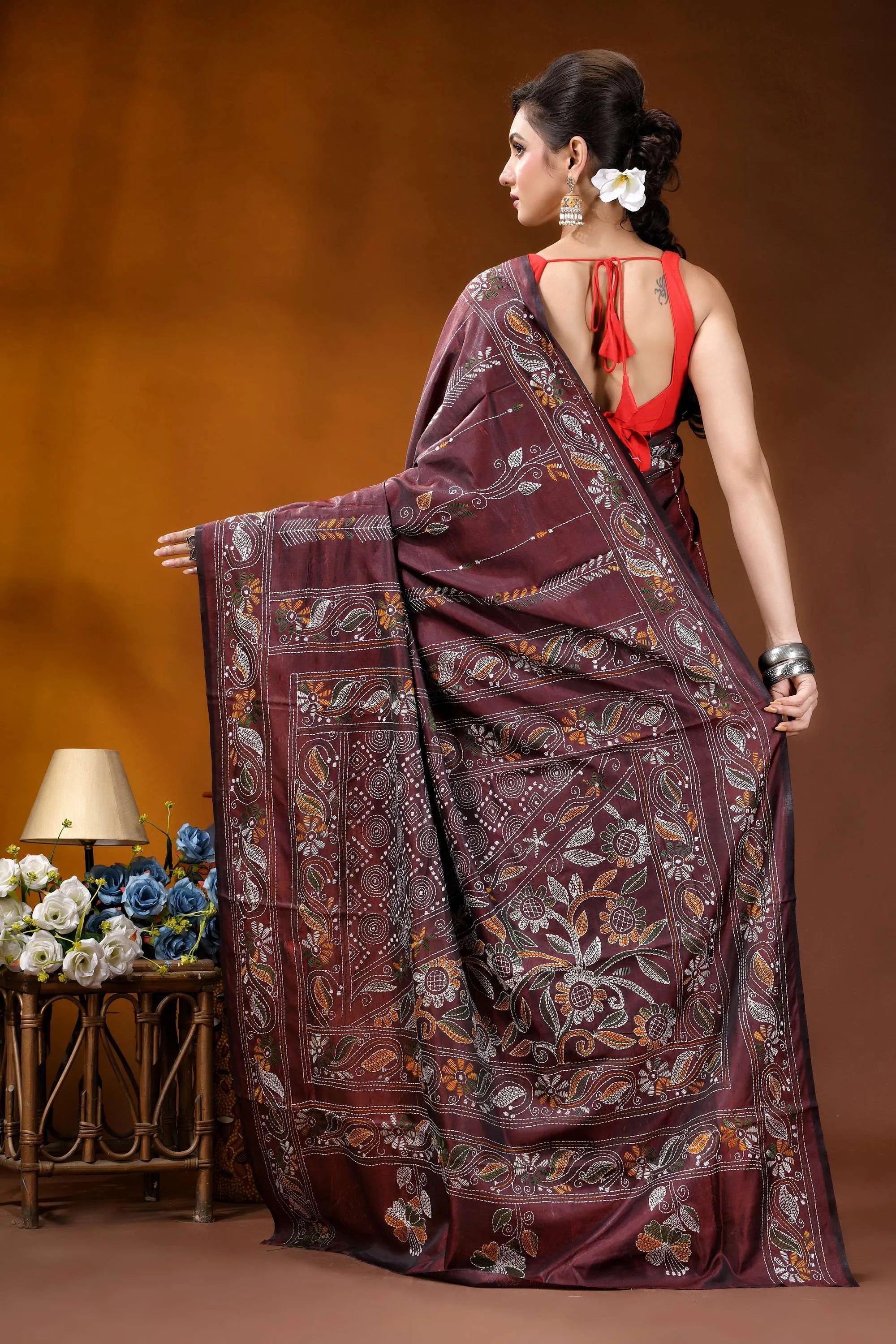 Wine paisley motif hand embroidered silk kantha stitch saree maroon silk saree intricate floral 7