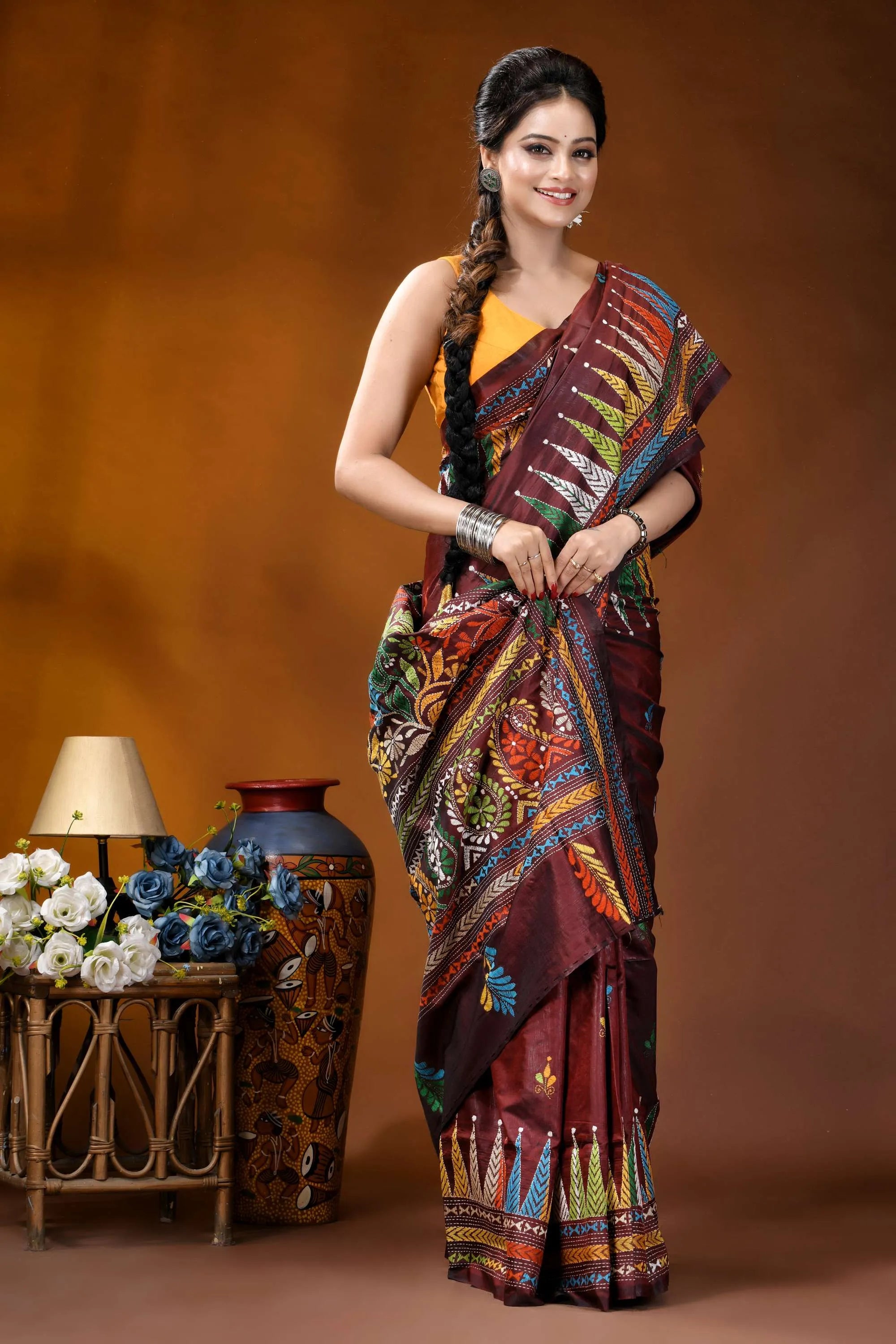 Wine paisley motif multicolor hand embroidered kantha silk saree woman wears maroon silk saree 4