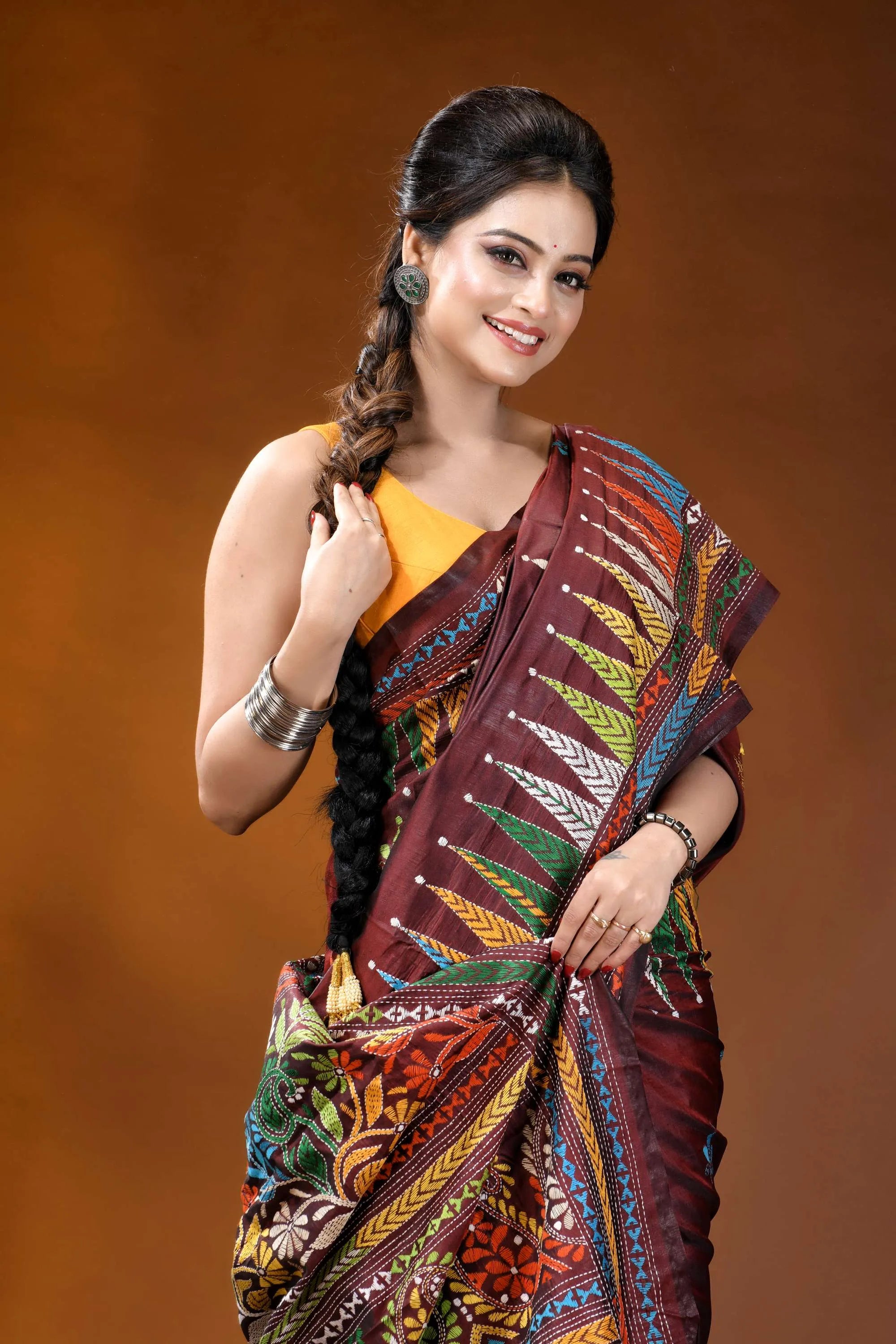 Wine paisley motif multicolor hand embroidered kantha silk saree maroon multicolored traditional saree intricate 2