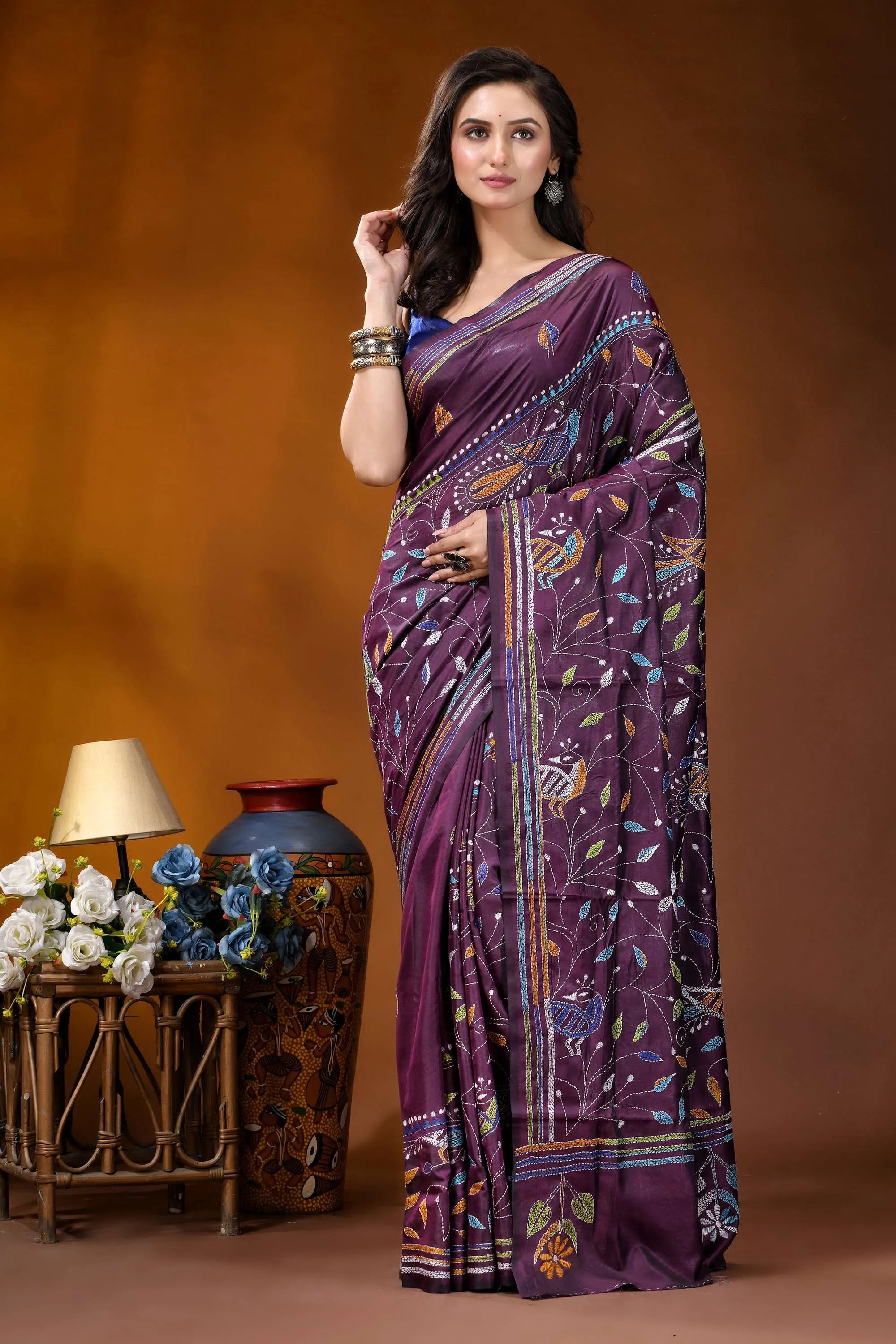 Wine peacock design multicolor hand embroidered kantha silk saree rich purple saree adorned intricate 6