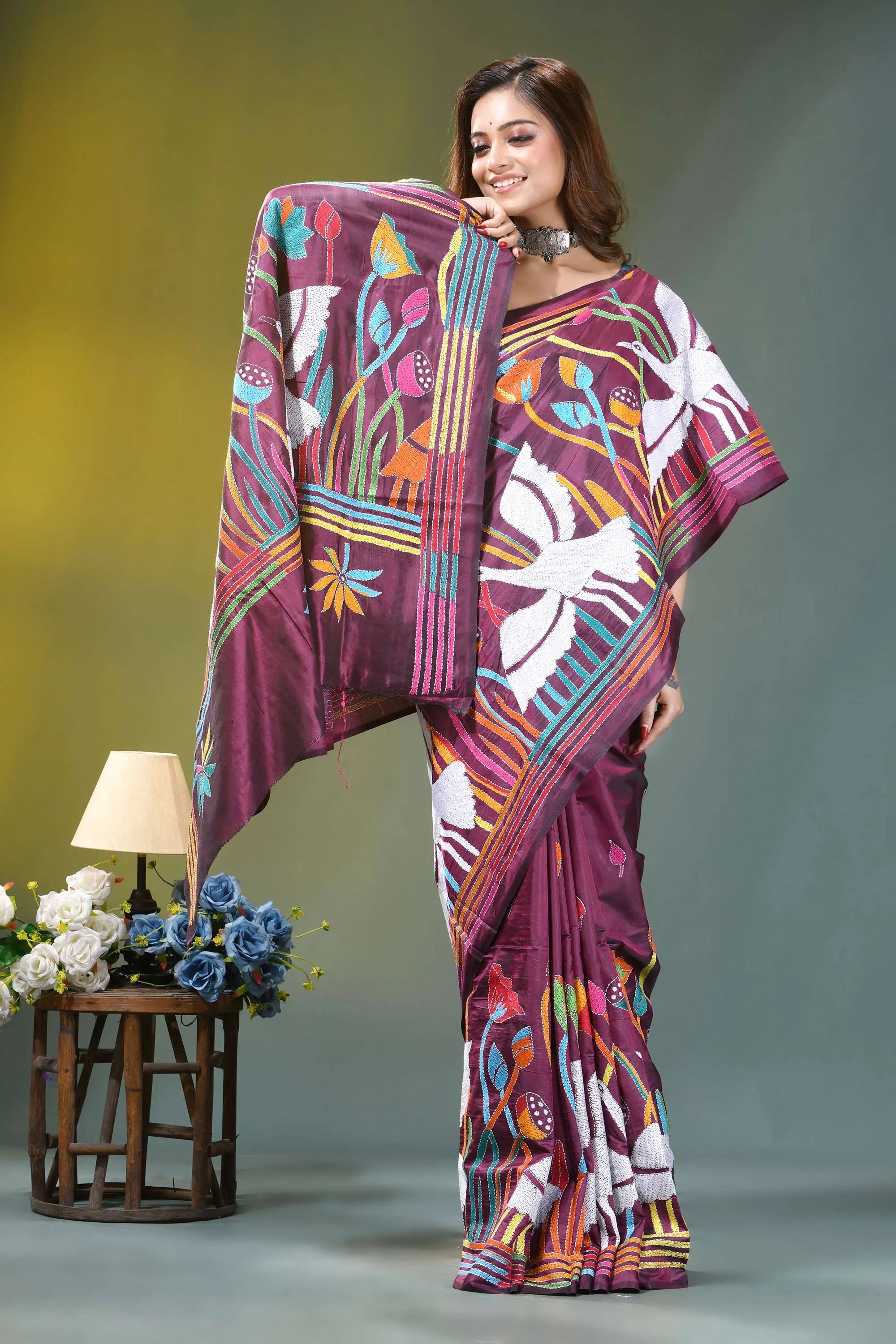 Wine purple exquisite swan motif hand embroidery silk kantha saree vibrant maroon saree adorned intricate 4