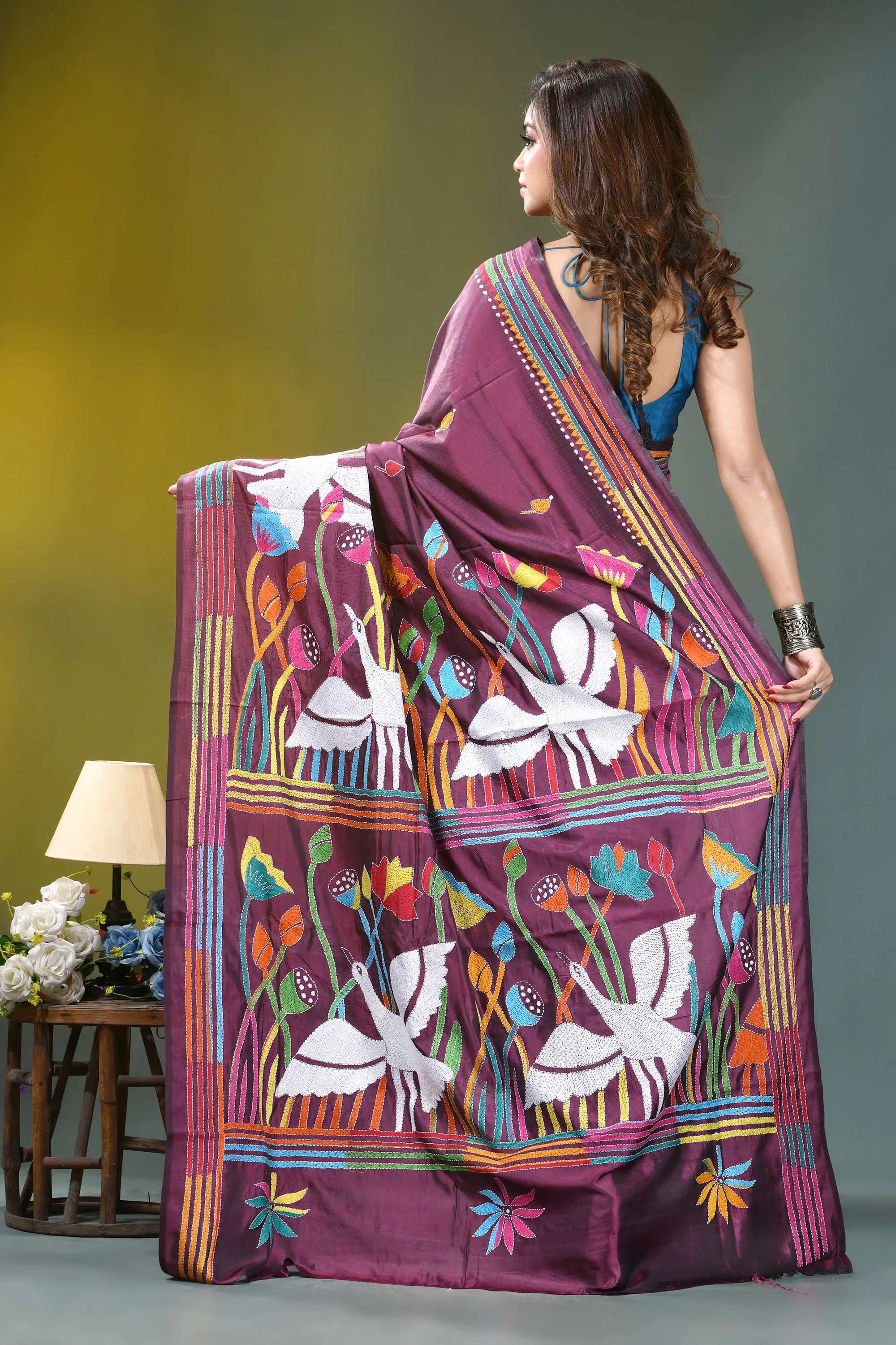 Wine purple exquisite swan motif hand embroidery silk kantha saree vibrant purple saree adorned intricate 5