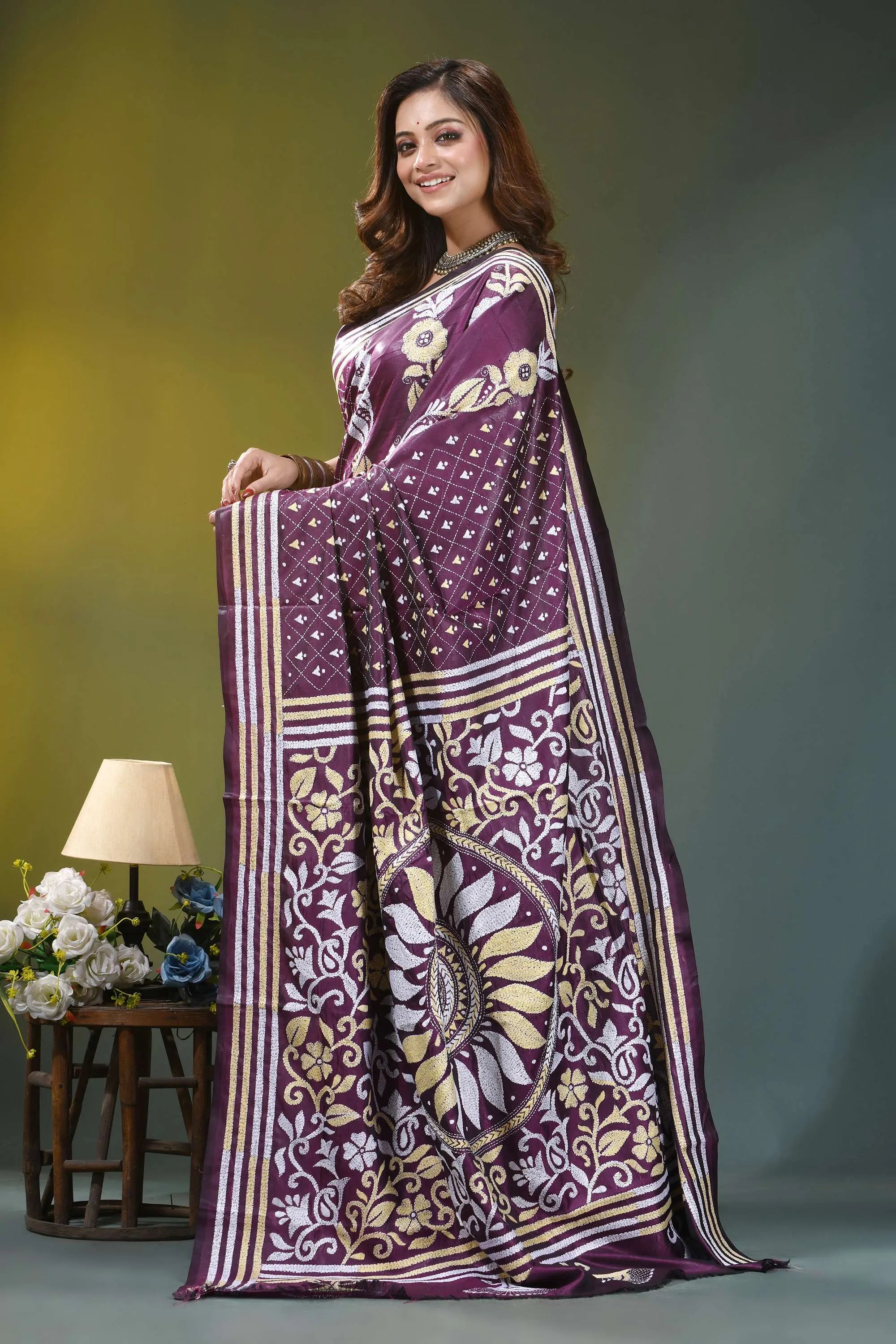 Wine purple floral heritage hand embroidery silk kantha saree woman wears rich 3