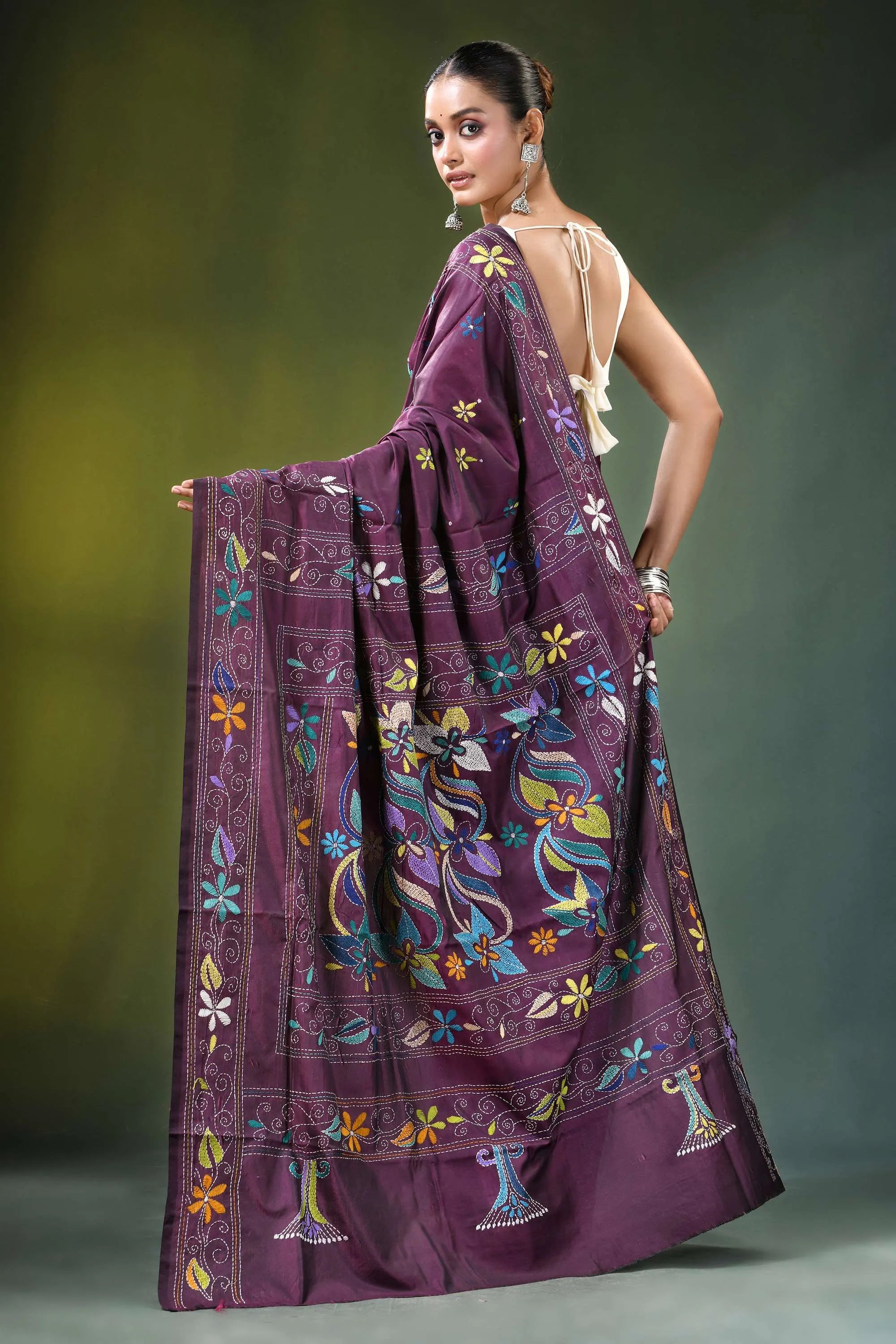 Wine purple floral motif handcrafted silk kantha saree rich adorned 5
