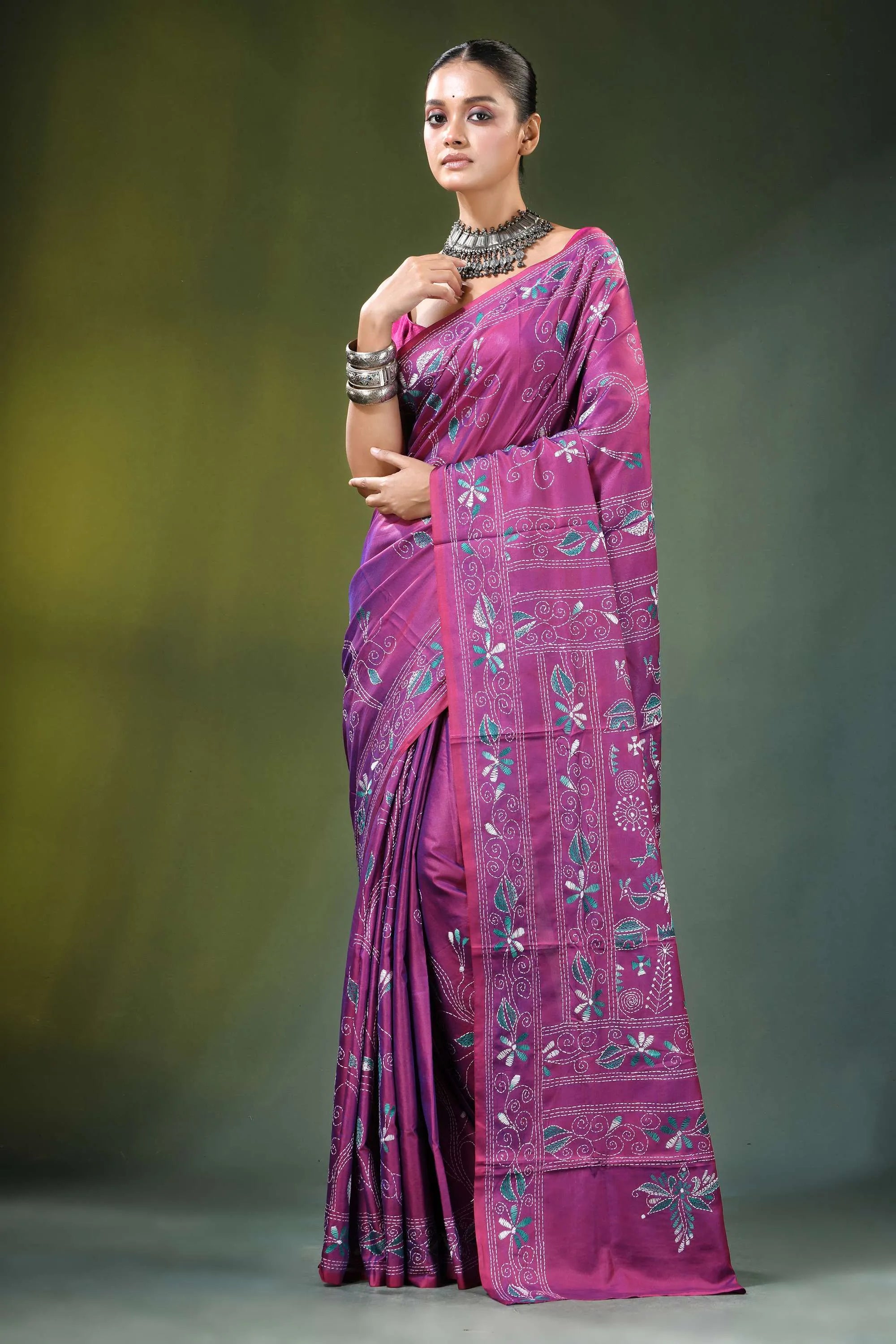 Wine purple folk art handcrafted silk kantha saree vibrant magenta intricate floral 6