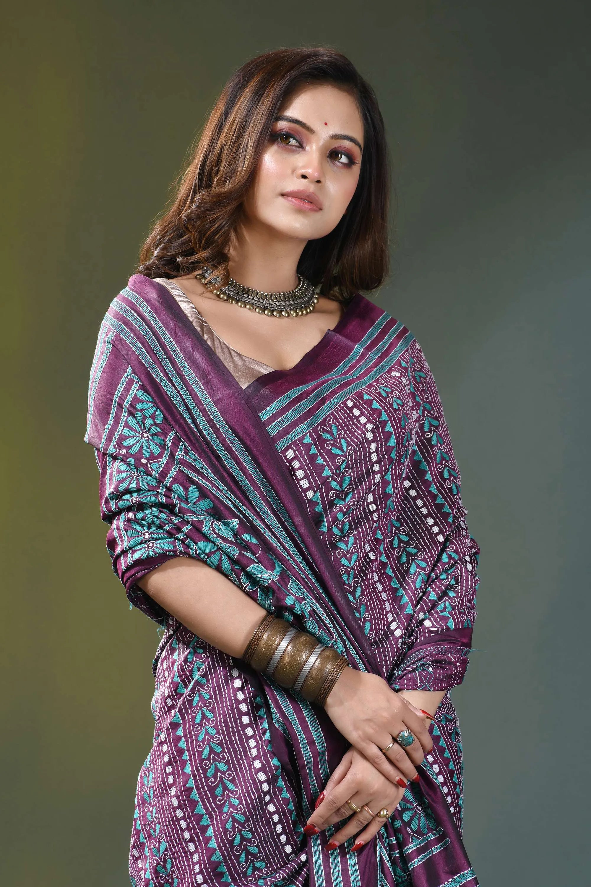Wine purple geometric pattern handmade kantha silk saree woman wears richly patterned purple 2