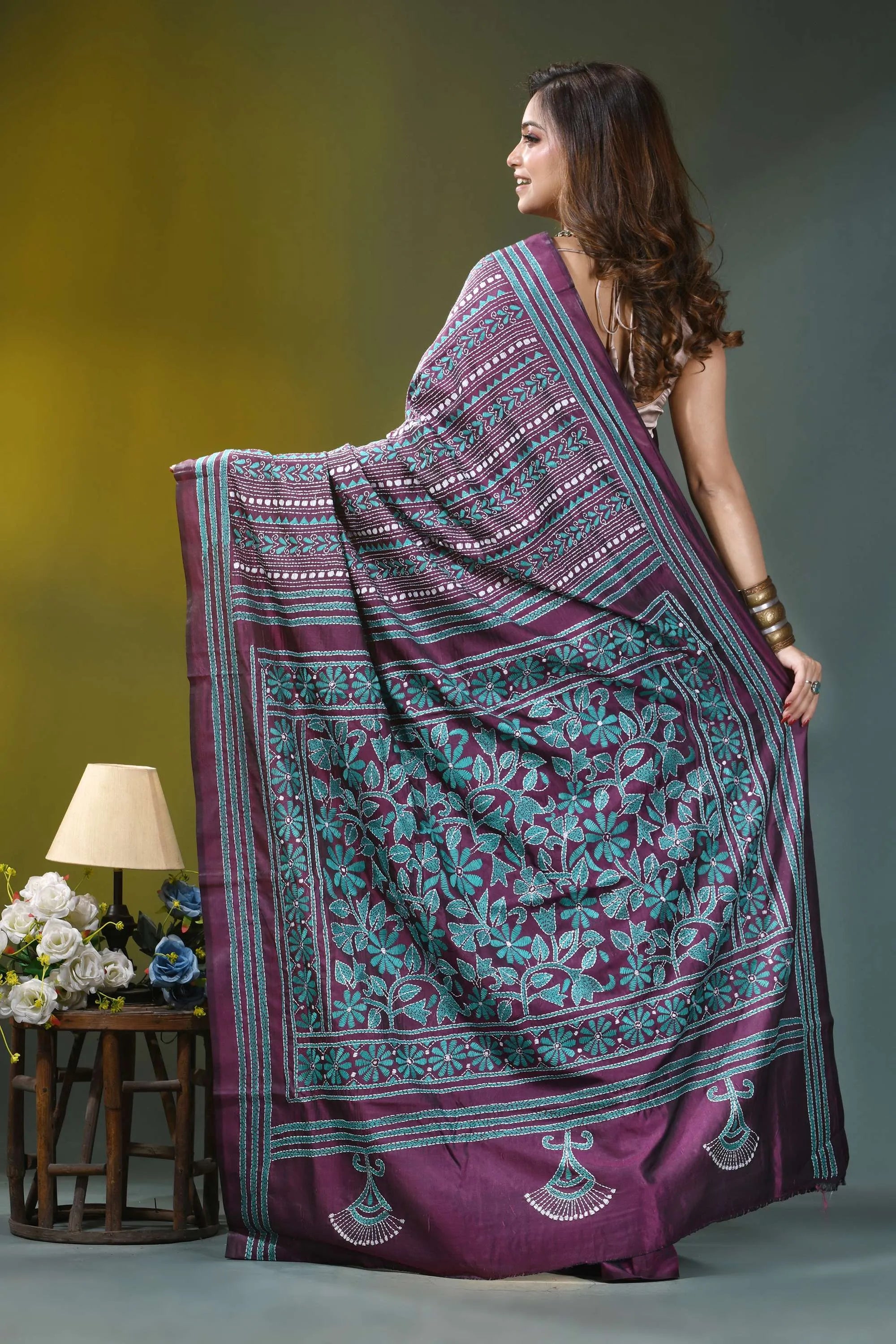 Wine purple geometric pattern handmade kantha silk saree richly patterned purple teal silk 5