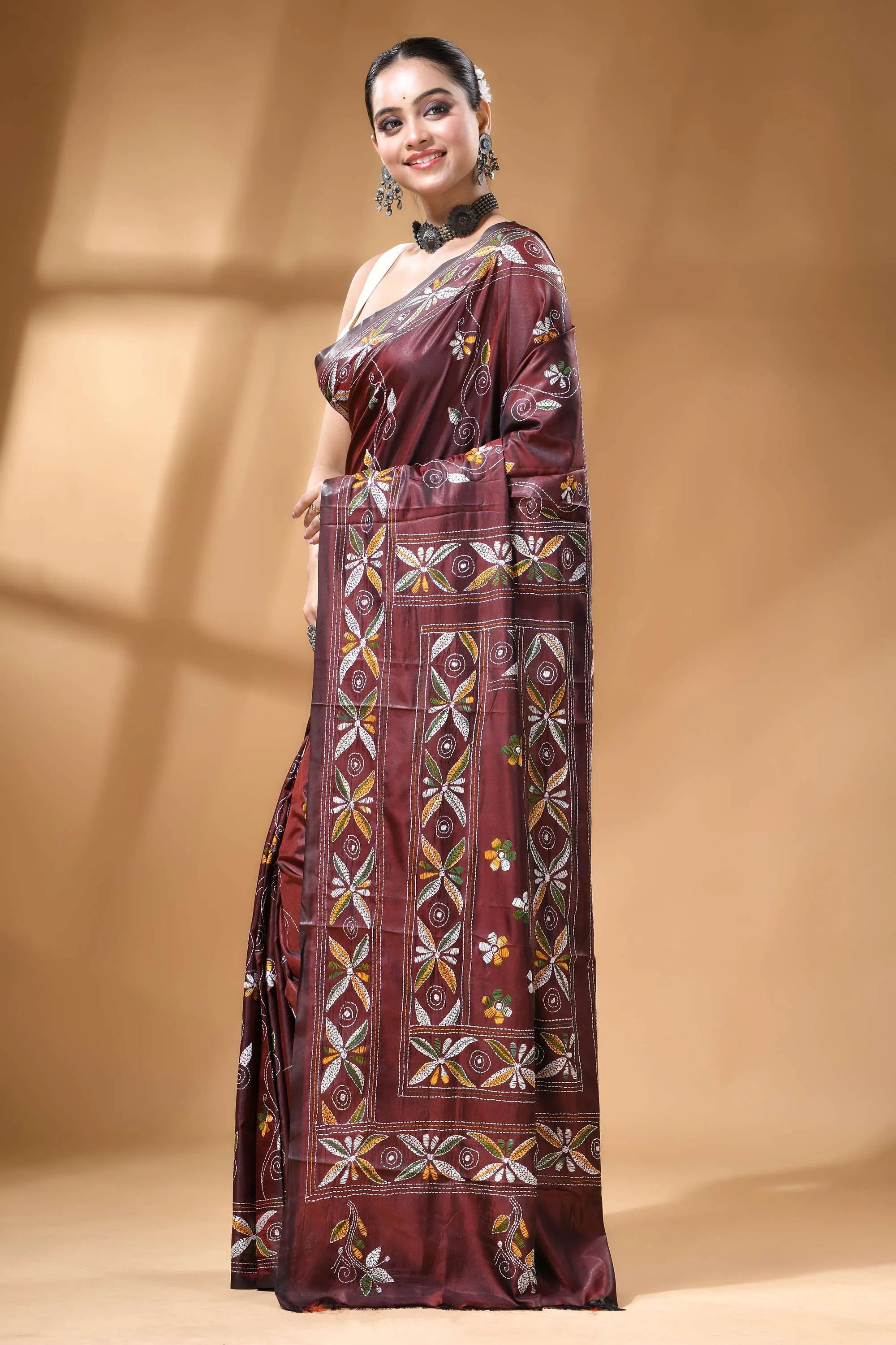 Wine tree motif multi-thread silk kantha stitch saree - handmade maroon silk saree adorned intricate 3