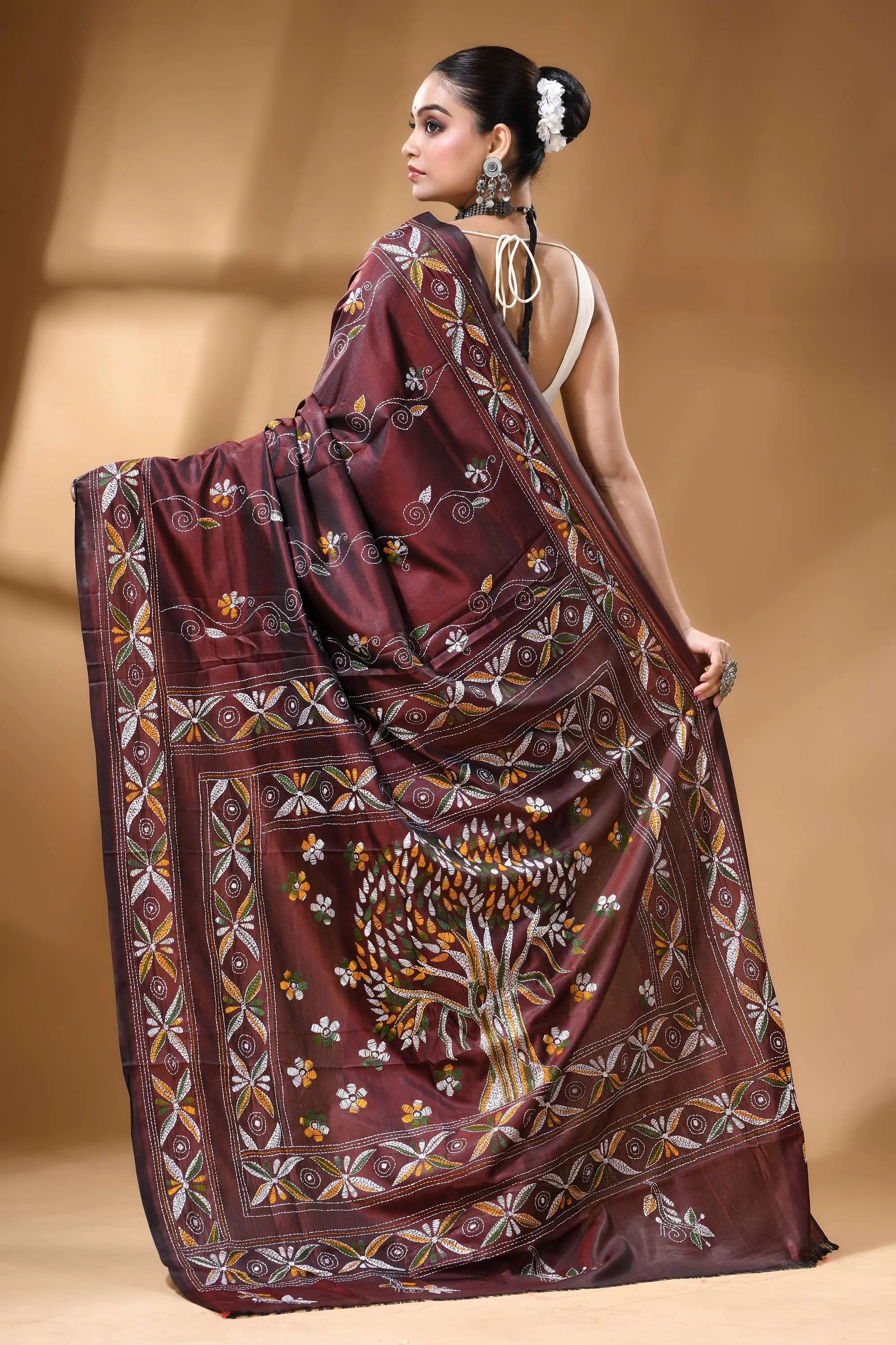Wine tree motif multi-thread silk kantha stitch saree - handmade rich maroon silk saree adorned 5