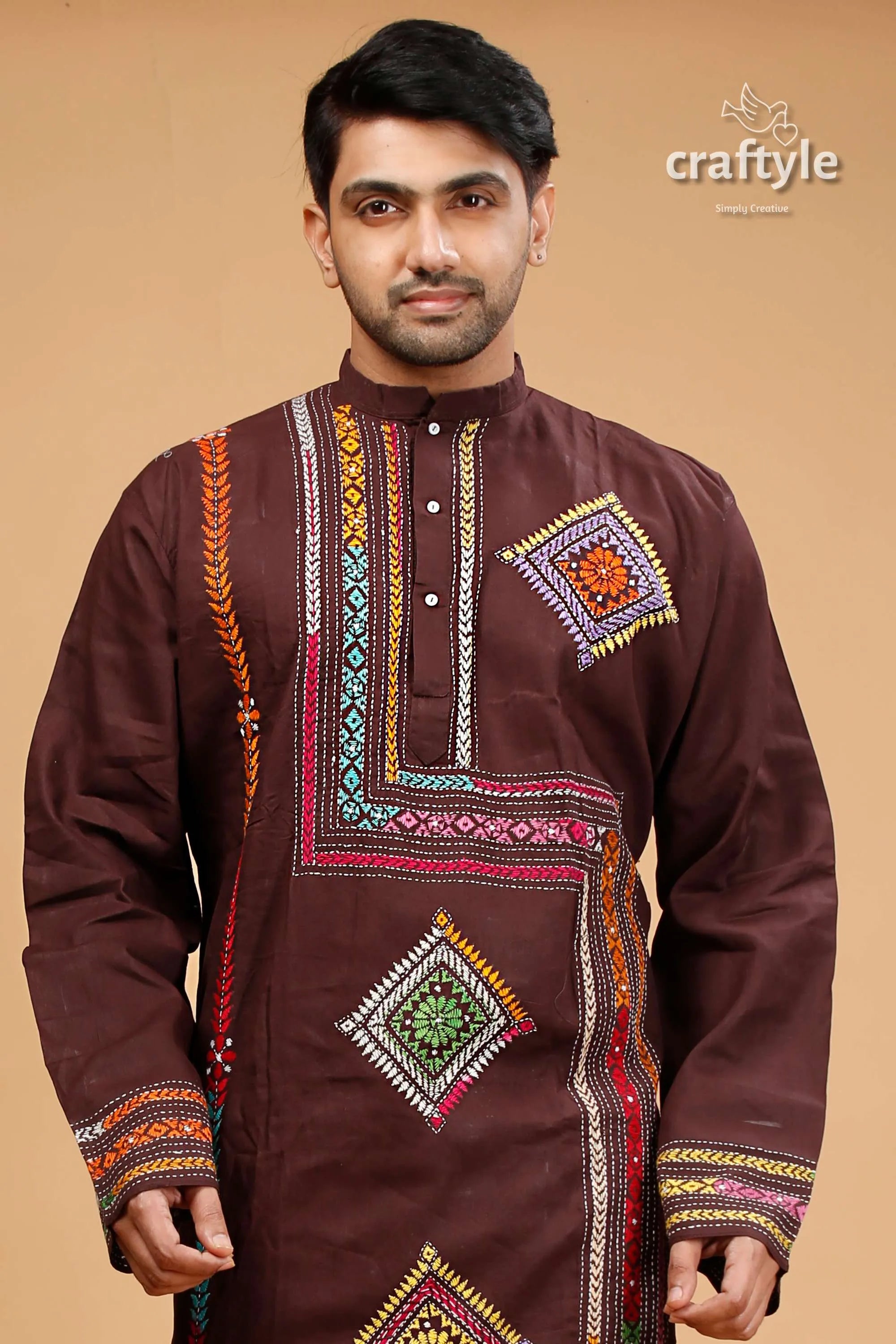 Woody brown multithread kantha embroidered mens cotton kurta colorful embroidery 2