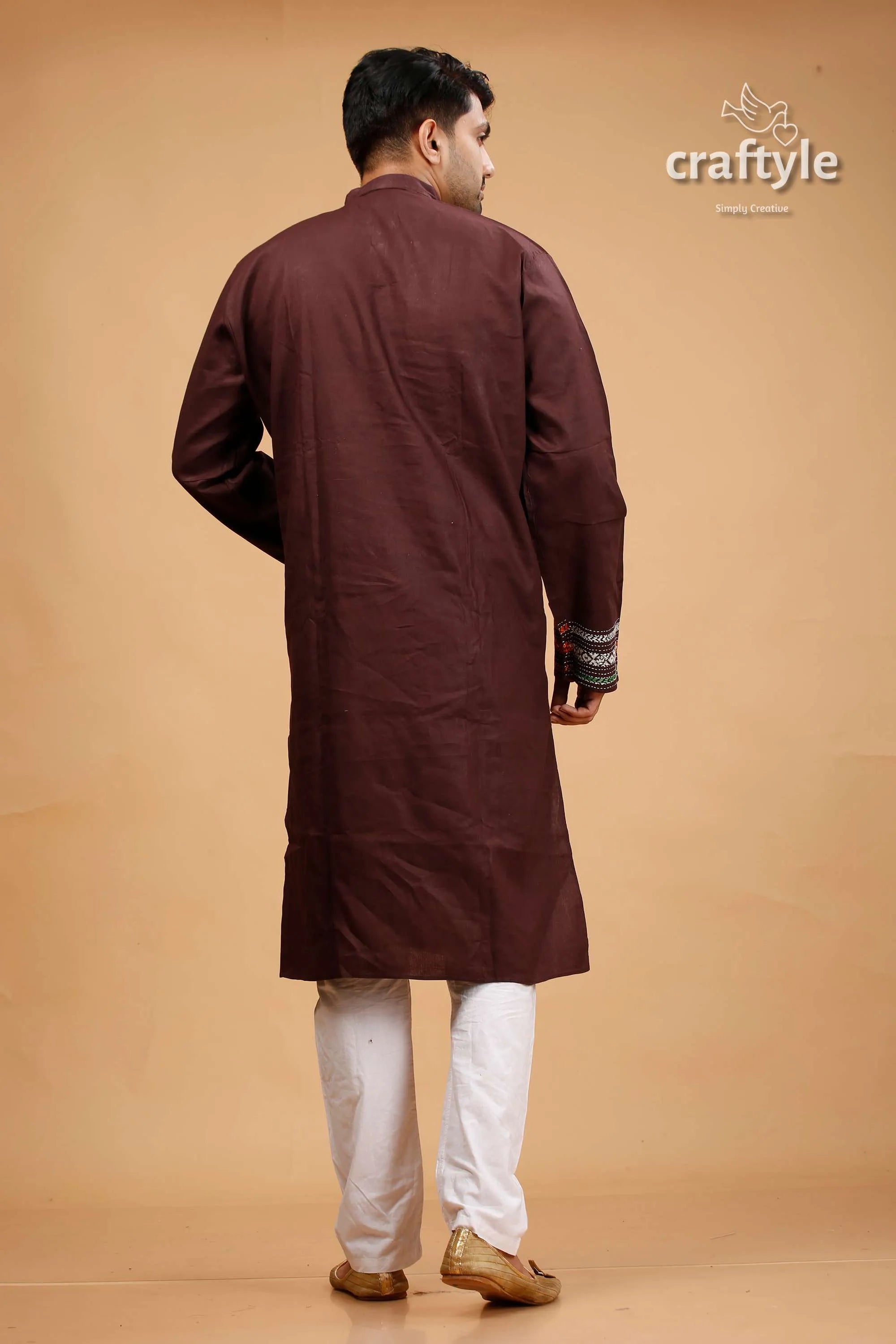 Woody brown multithread kantha embroidered mens cotton kurta maroon pajama set 5