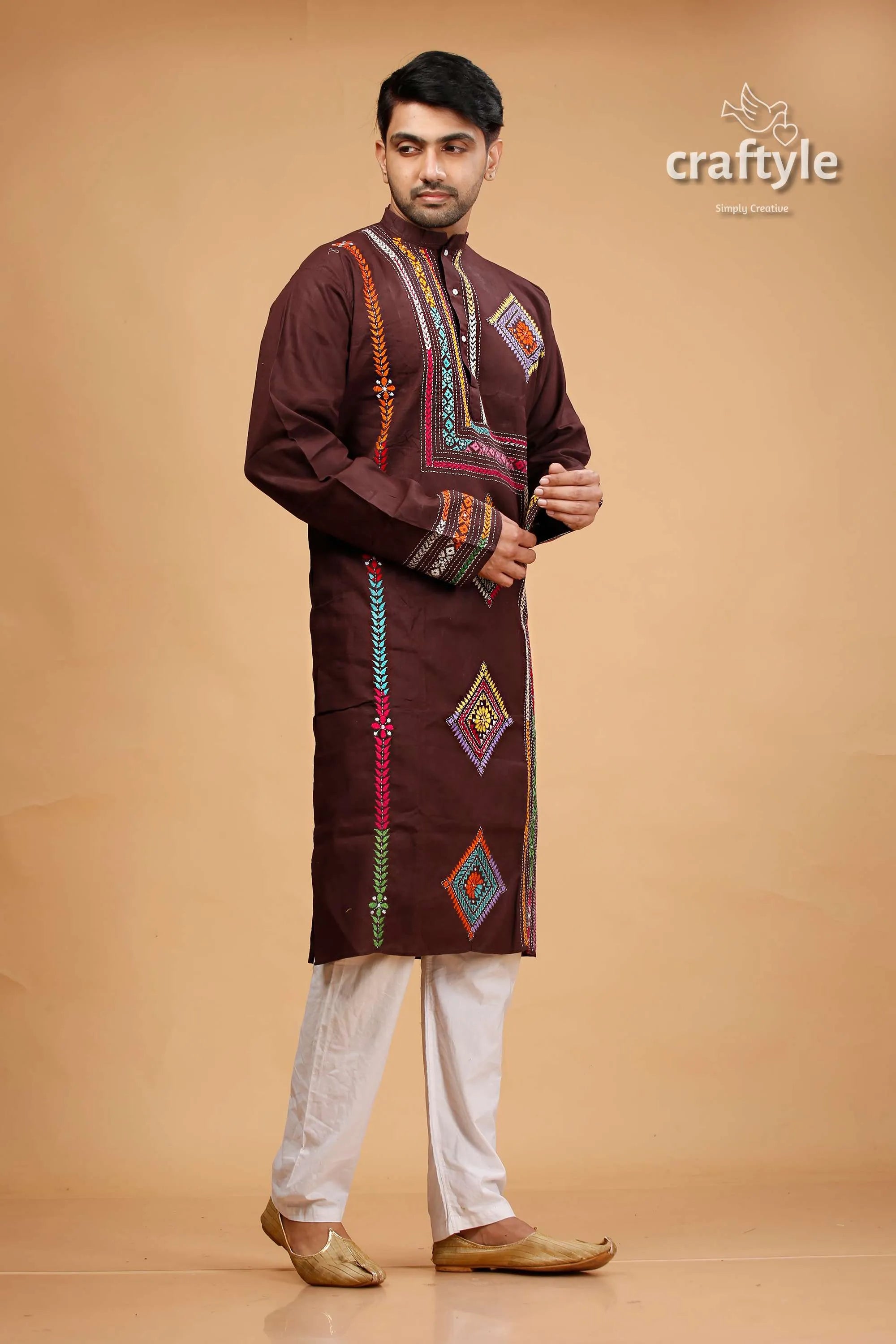 Woody brown multithread kantha embroidered mens cotton kurta white pants 4