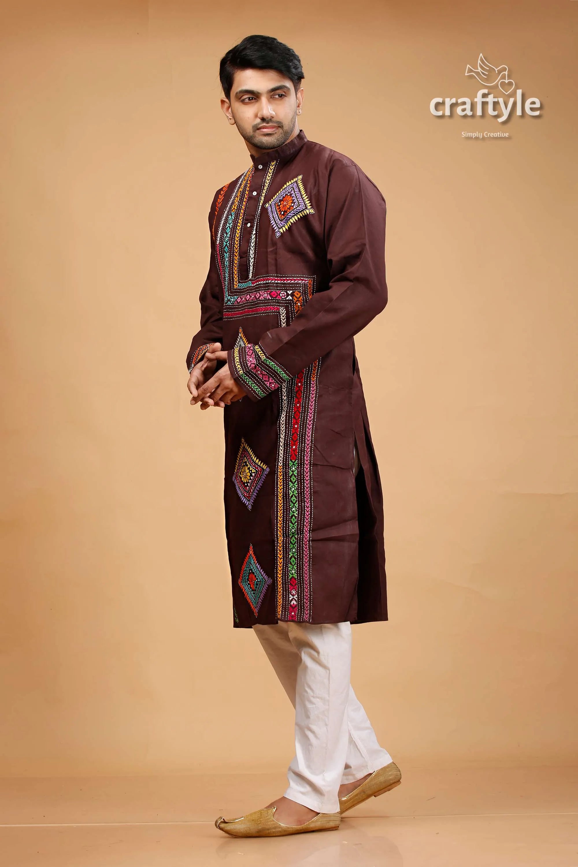 Woody brown multithread kantha embroidered mens cotton kurta white pants 3